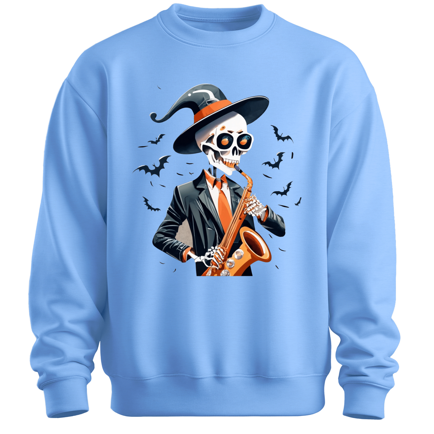 Light blue halloween sweatshirt with a skeleton playing a saxophone and wearing a witch hat, surrounded by bats.