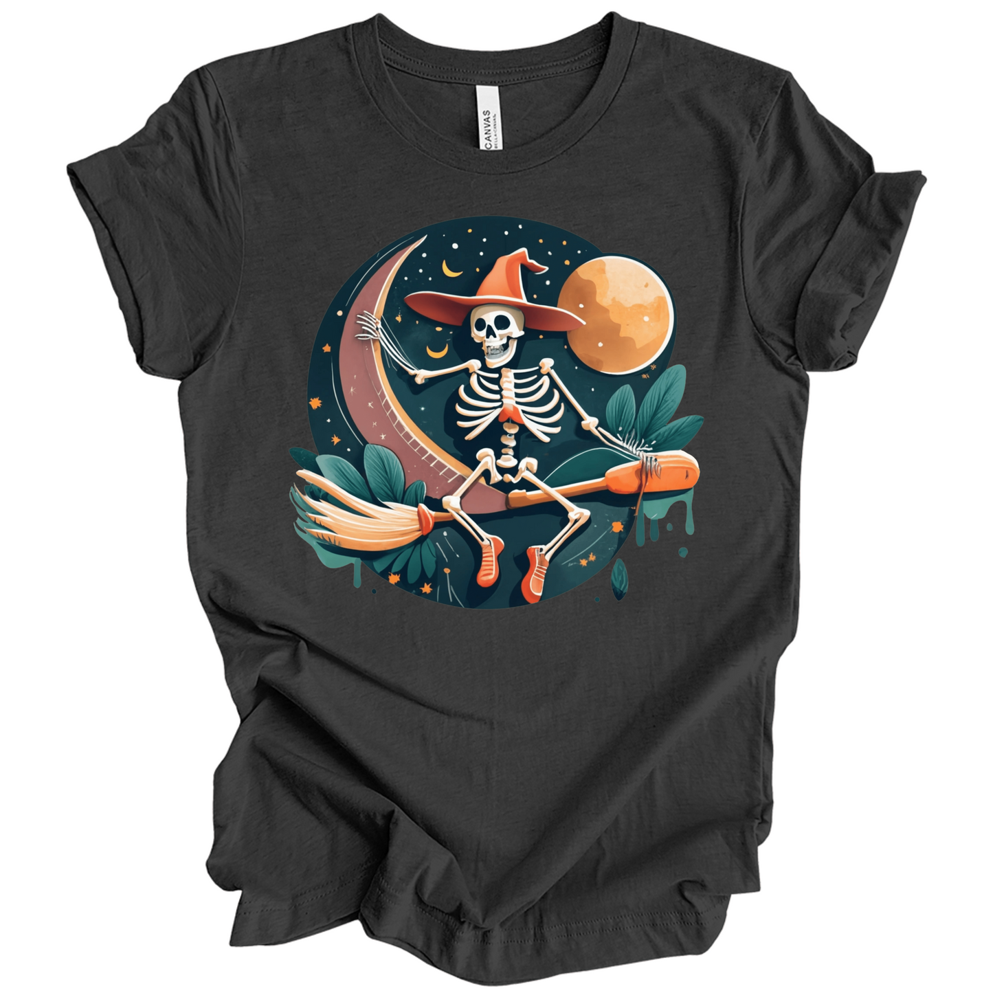 Black halloween t-shirt with a skeleton on a broomstick wearing a witch hat in the night time.