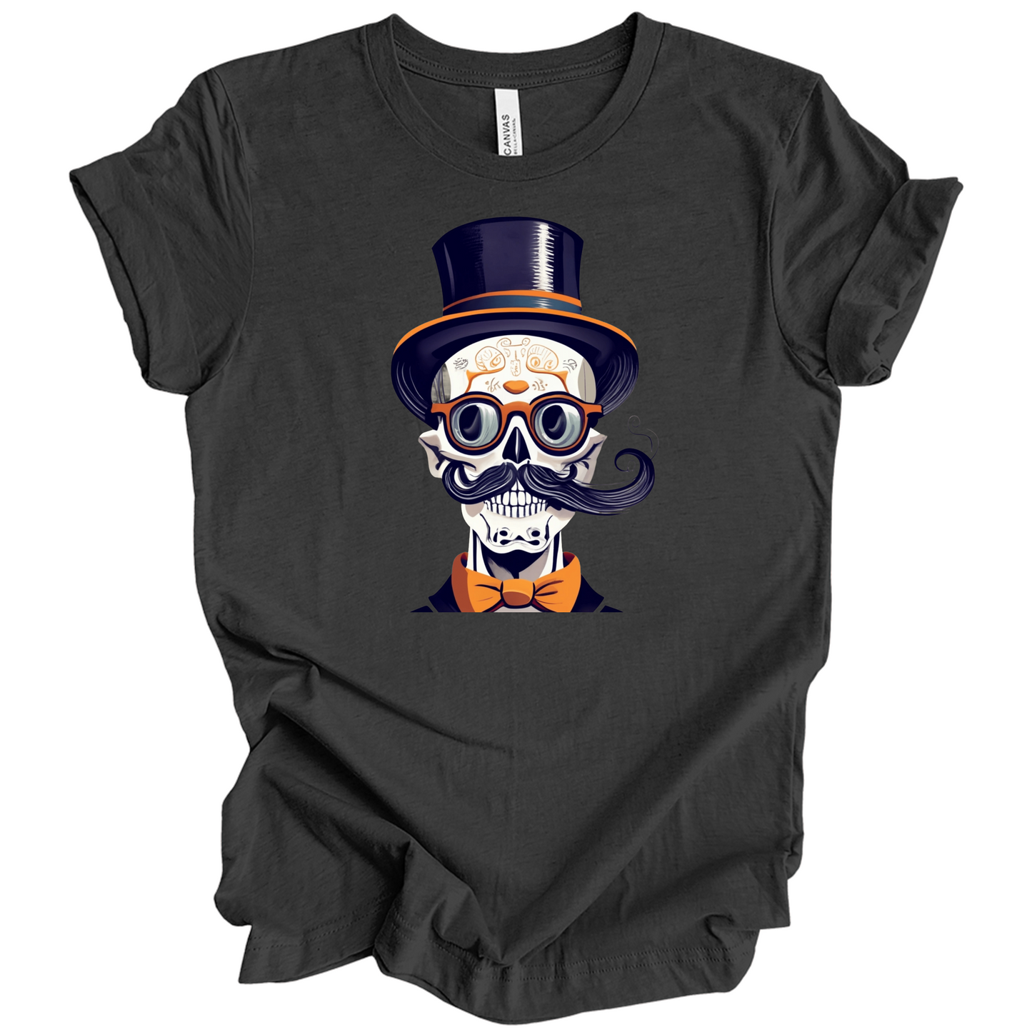 Black halloween t-shirt with a skull wearing a top hat, glasses, and bow tie.
