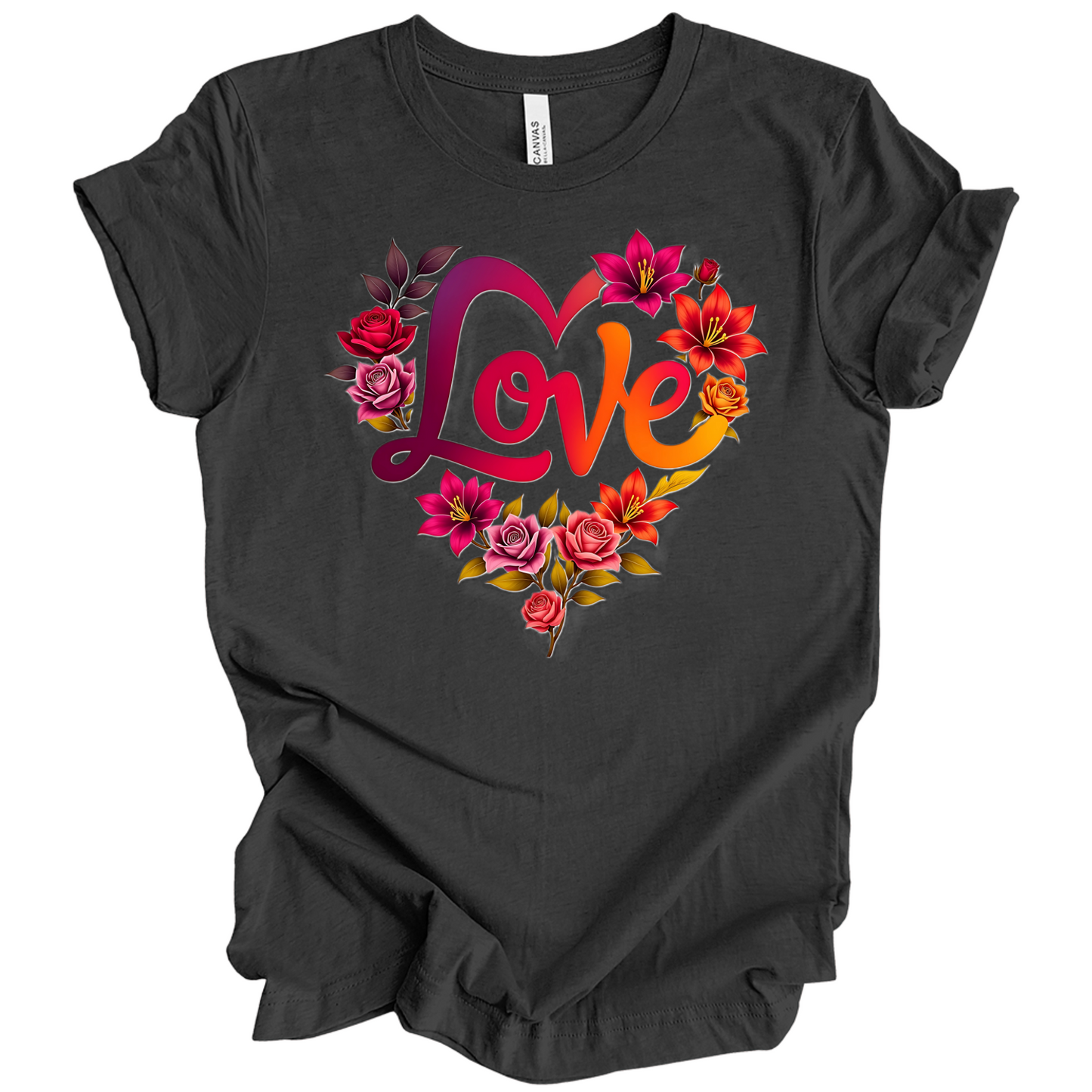 Dark Gray Heather colour valentines day t-shirt with the a design of 'Love' wording and surrounded floral design, front printed.