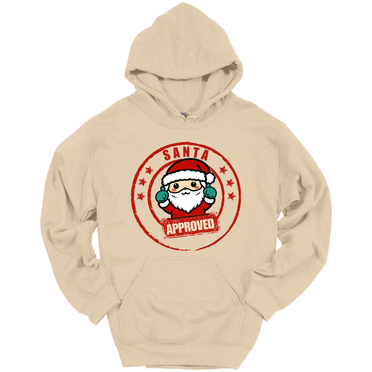 Beige Christmas hoodie with a Santa Claus graphic and 'Approved' text.