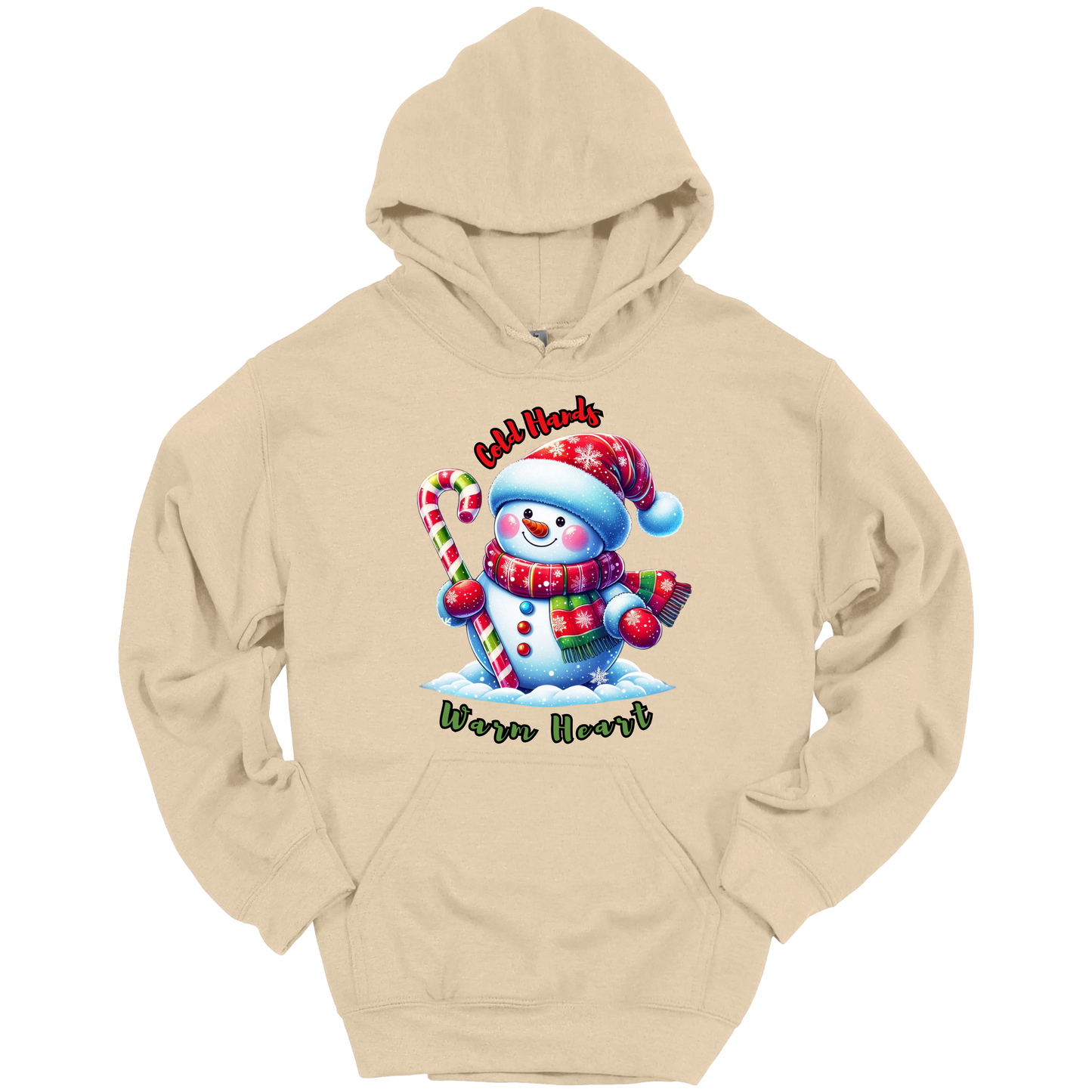 Beige Christmas hoodie with a snowman graphic with a text "Cold Hands Warm Hearts"