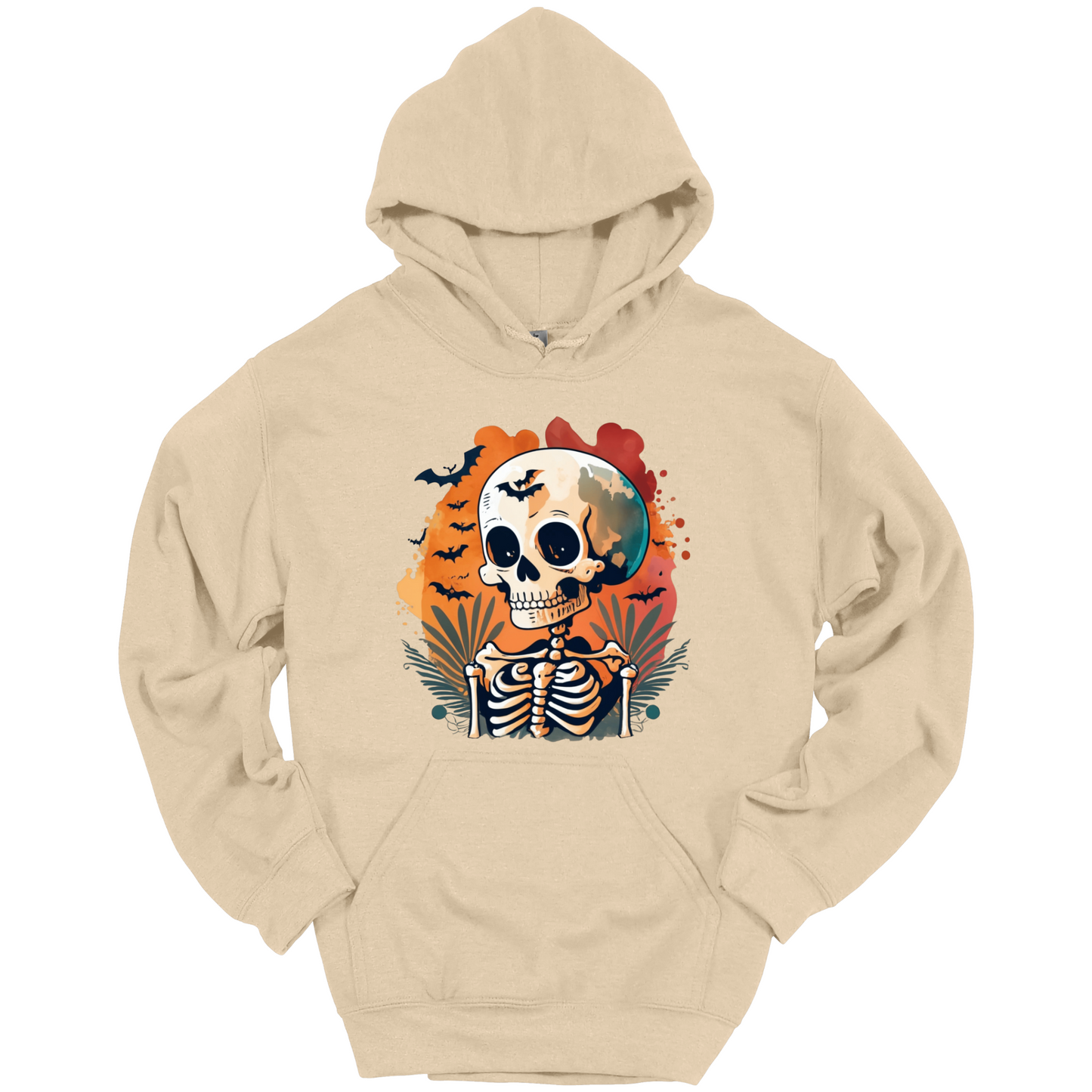 Beige hoodie with a Halloween-themed design featuring a skull and skeleton surrounded with bats.