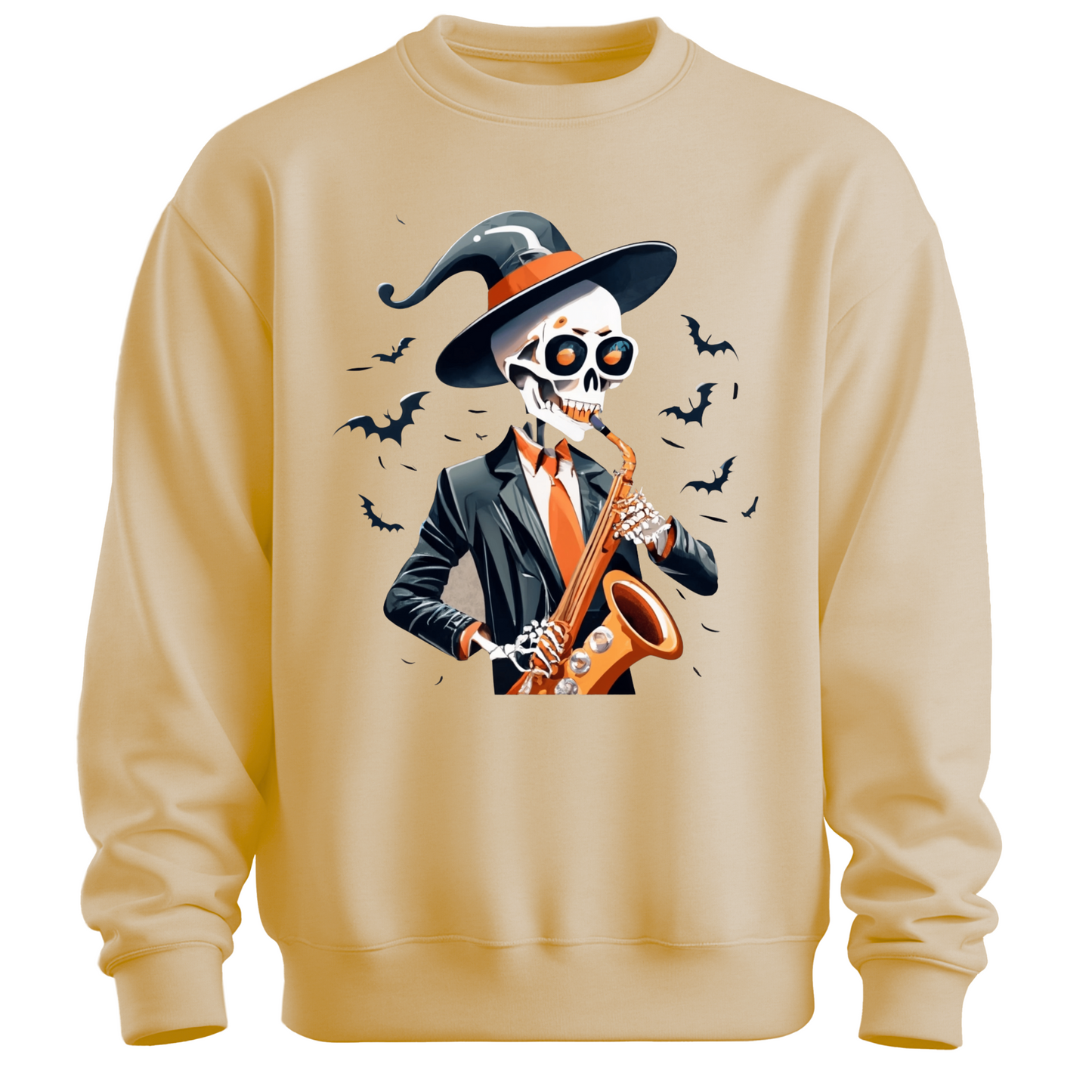 Beige halloween sweatshirt with a skeleton playing a saxophone and wearing a witch hat, surrounded by bats.