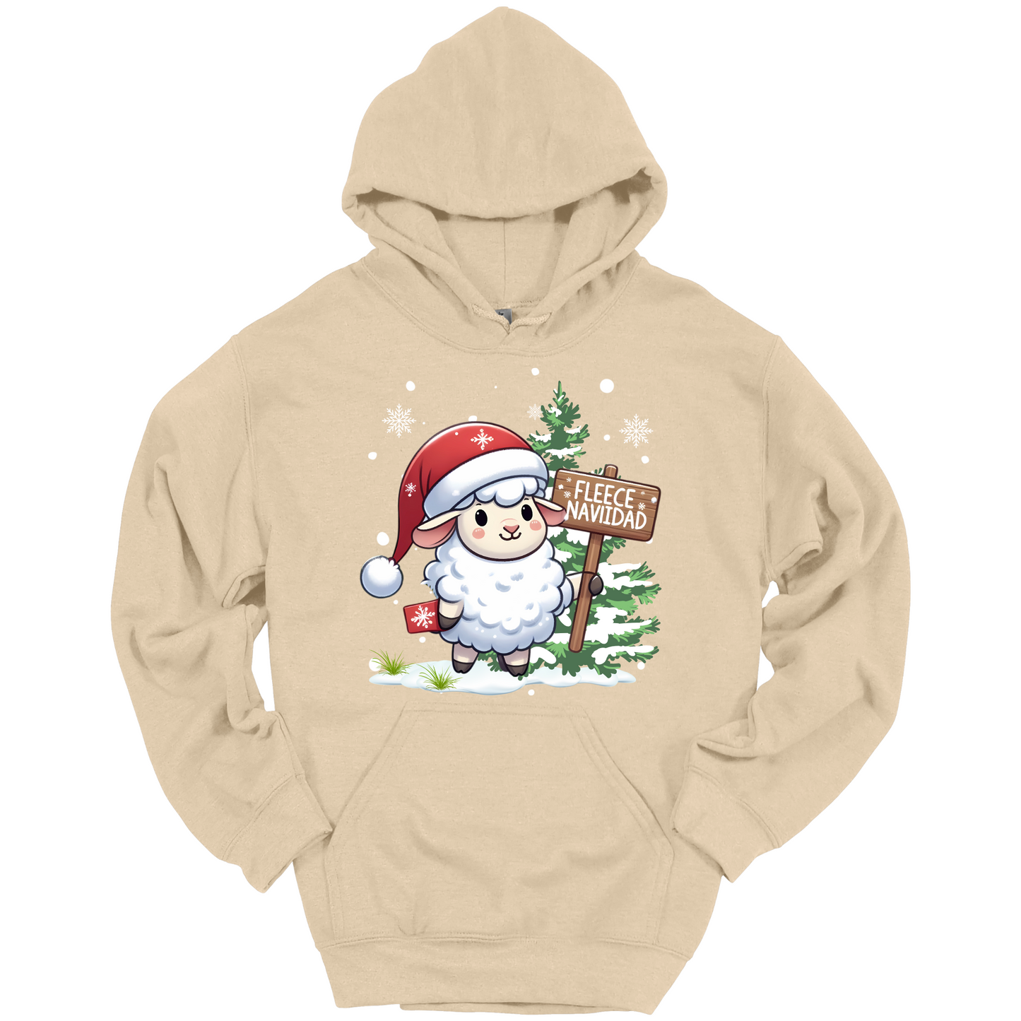 Beige Christmas hoodie with a Christmas-themed design featuring a sheep in a Santa hat and a sign.