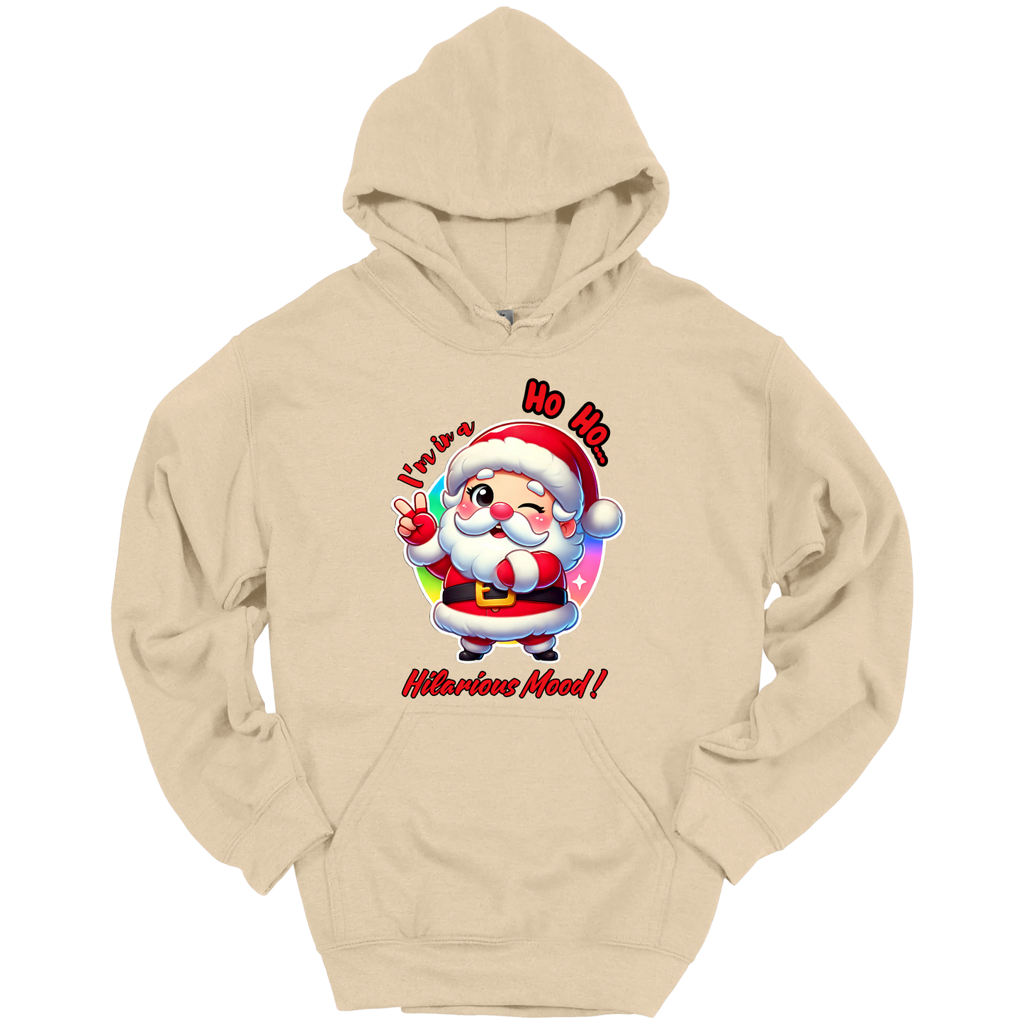 Beige Christmas hoodie with a cartoon Santa Claus design
