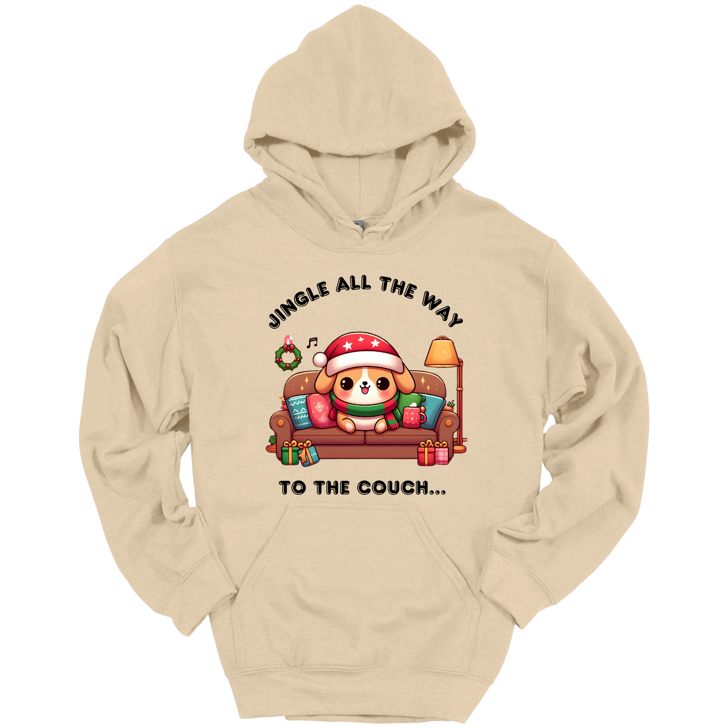 Beige hoodie with Christmas design of a dog on a couch and text 'Jingle all the way to the couch'.