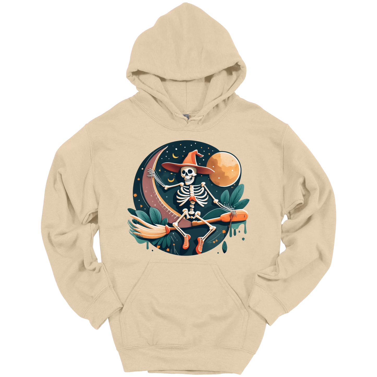 Beige halloween hoodie with a skeleton on a broomstick wearing a witch hat in the night time.