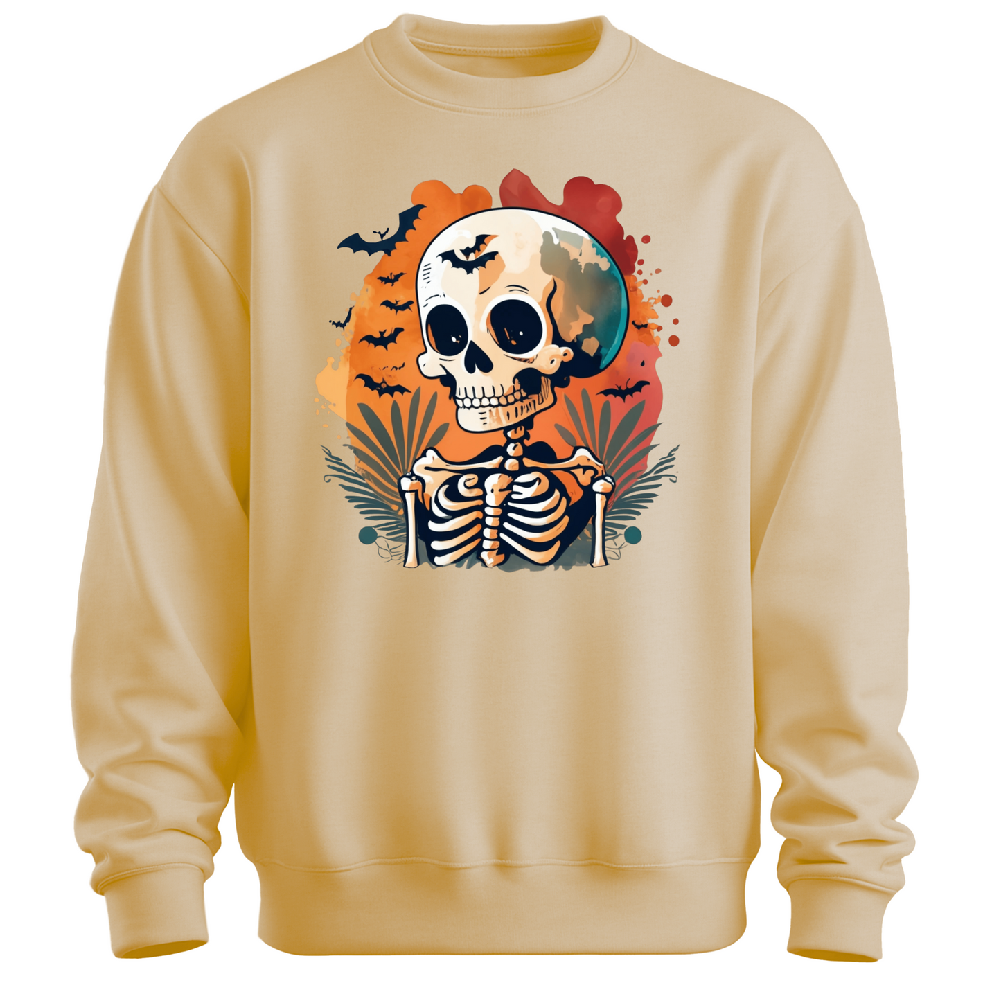 Beige sweatshirt with a Halloween-themed design featuring a skeleton and skull surrounded with bats.