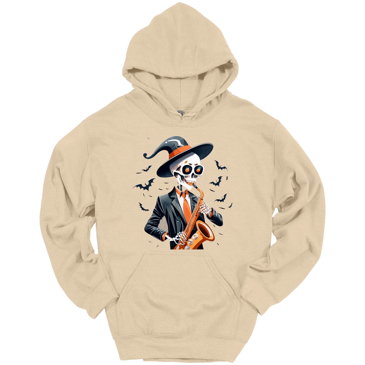 Beige halloween hoodie with a skeleton playing a saxophone and wearing a witch hat, surrounded by bats.
