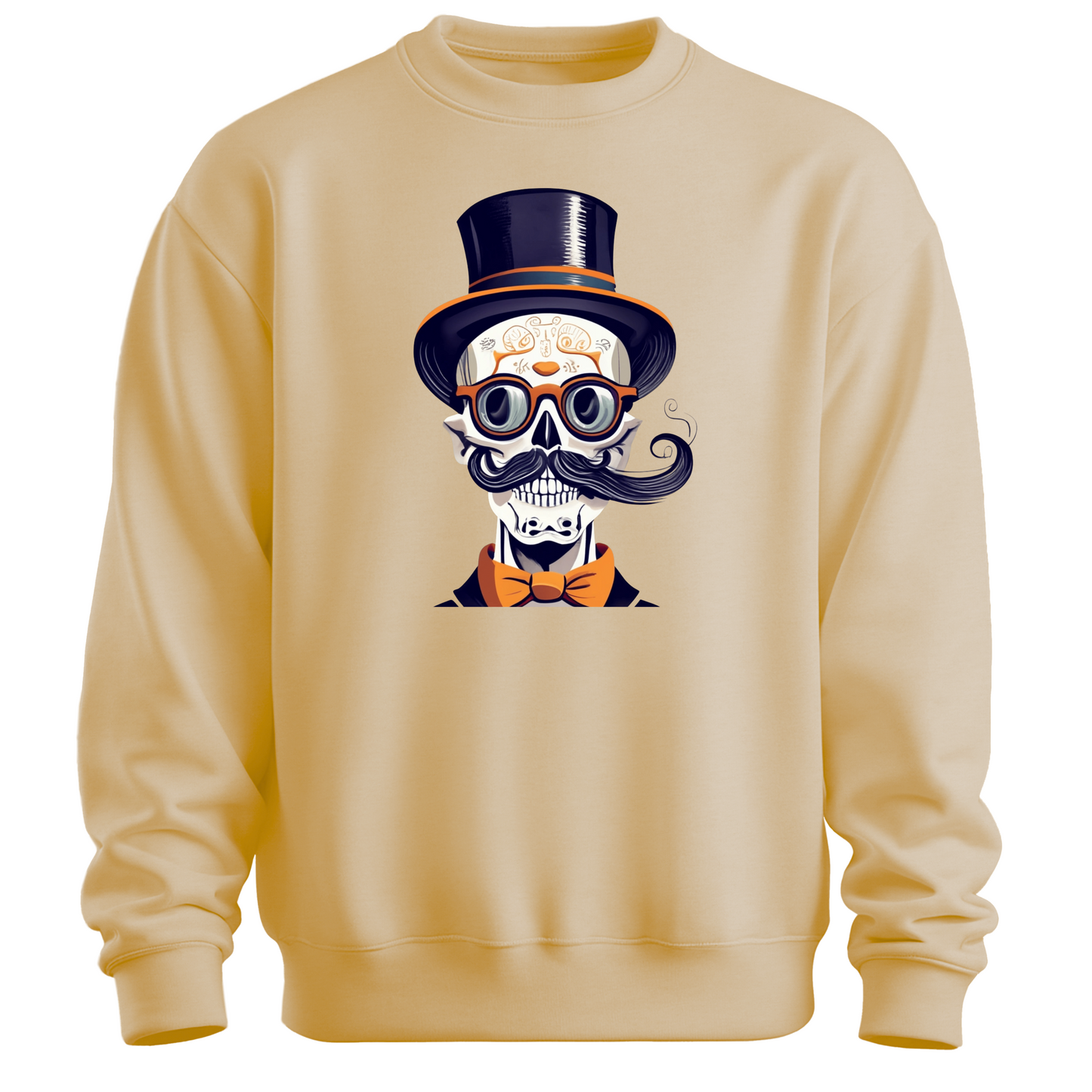 Beige halloween sweatshirt with a skull wearing a top hat, glasses and a bow tie.
