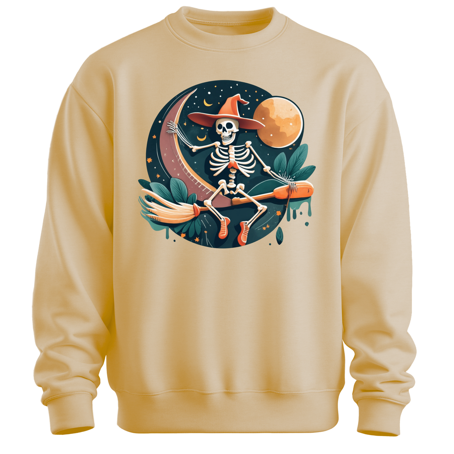 Beige halloween sweatshirt with a skeleton on a broomstick wearing a witch hat in the night time.