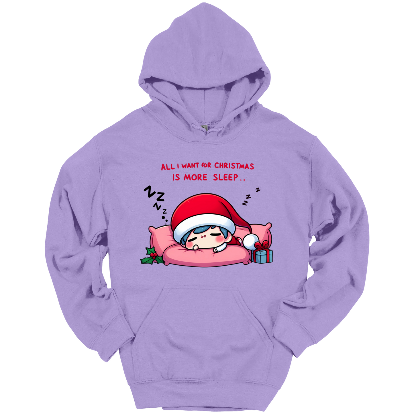 Purple Christmas hoodie with a text "All I Want for Christmas is More Sleep". Frontside printed.