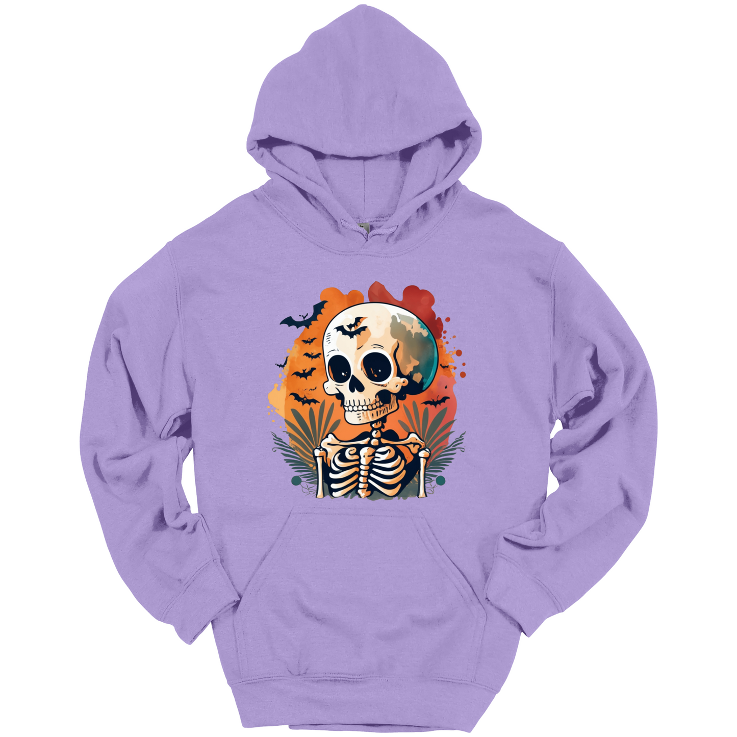 Purple hoodie with a Halloween-themed design featuring a skull and skeleton surrounded with bats.