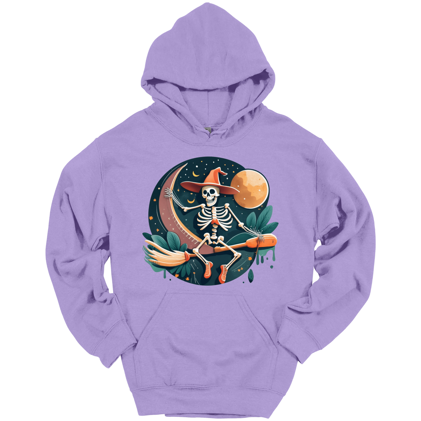 Purple halloween hoodie with a skeleton on a broomstick wearing a witch hat in the night time.
