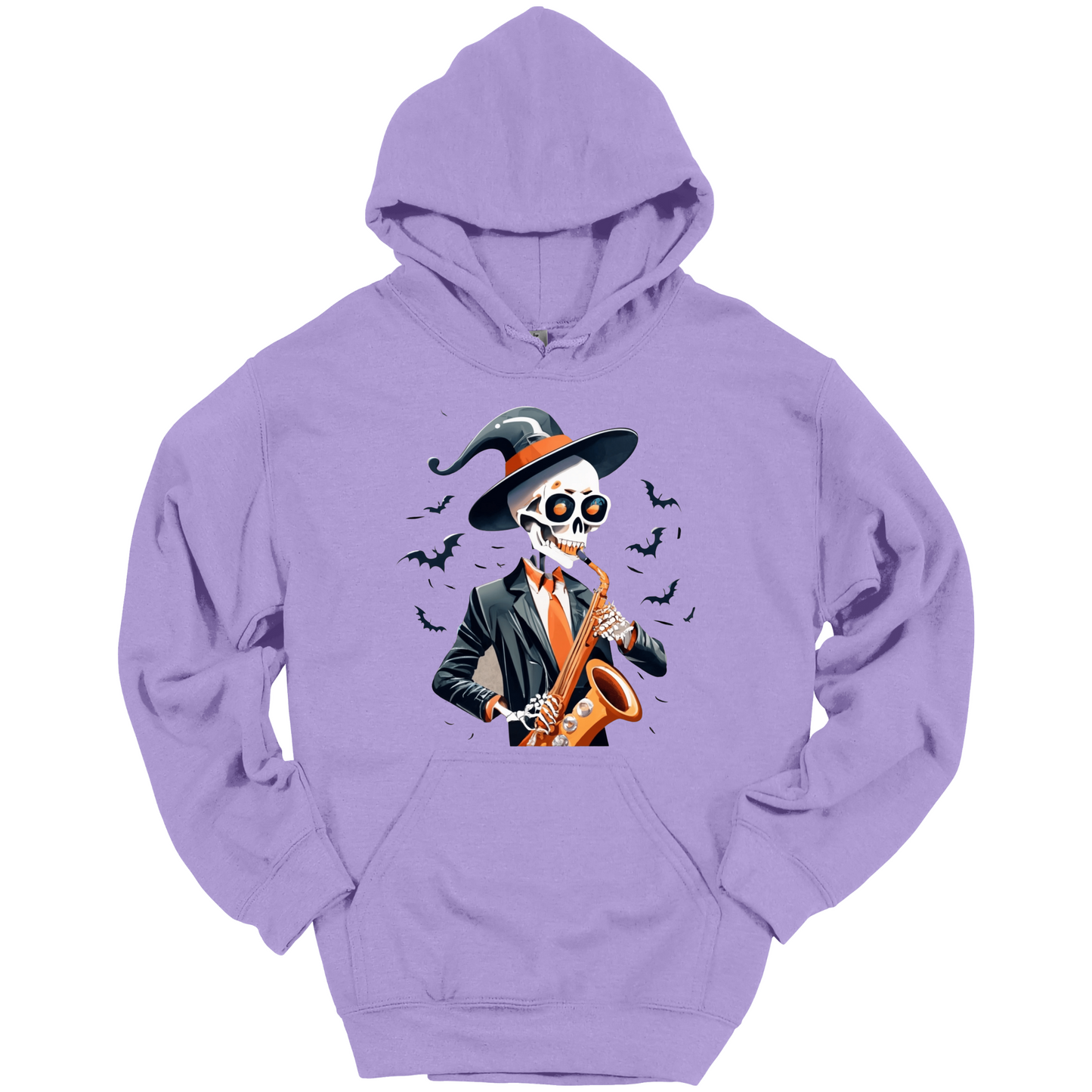 Purple halloween hoodie with a skeleton playing a saxophone and wearing a witch hat, surrounded by bats.