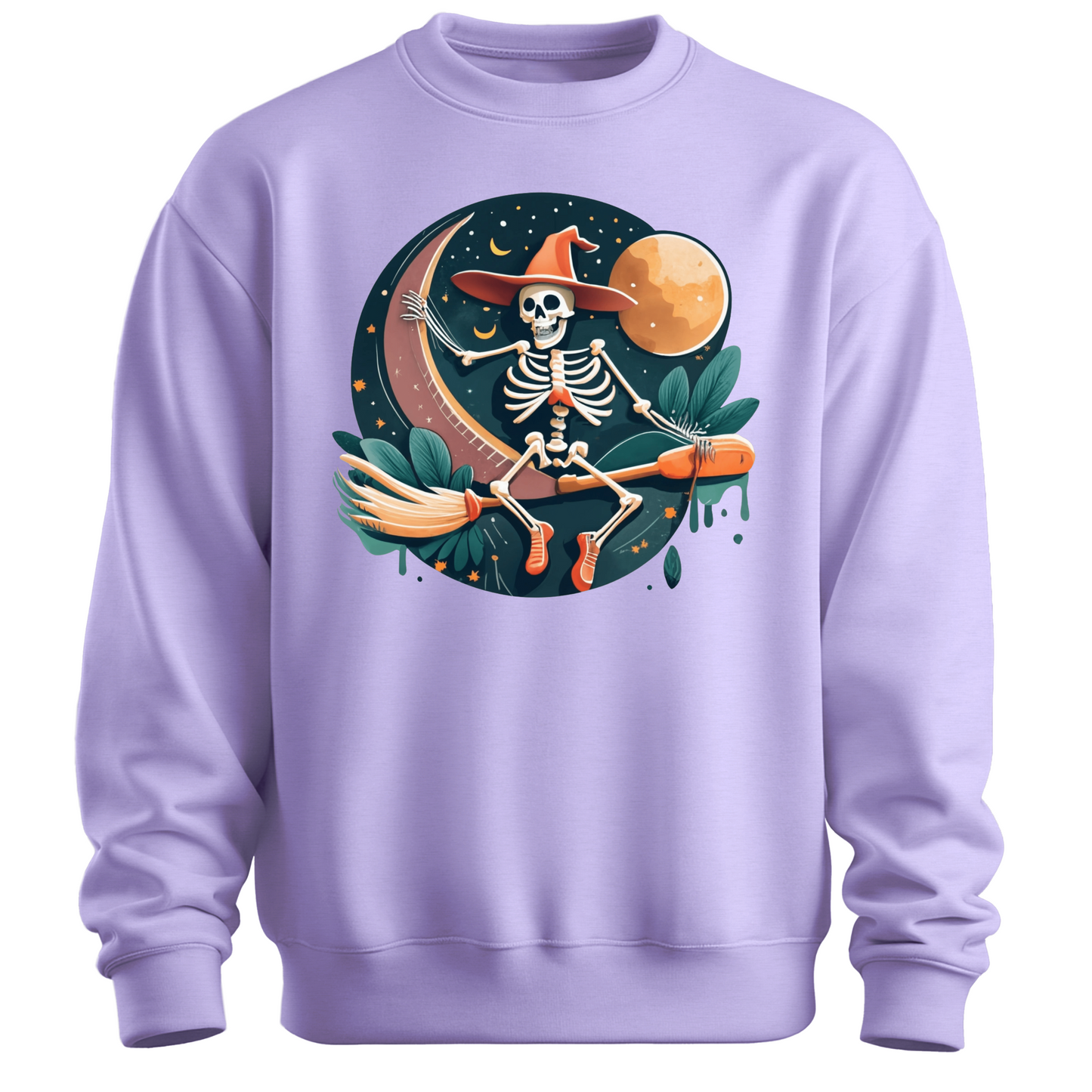 Purple halloween sweatshirt with a skeleton on a broomstick wearing a witch hat in the night time.