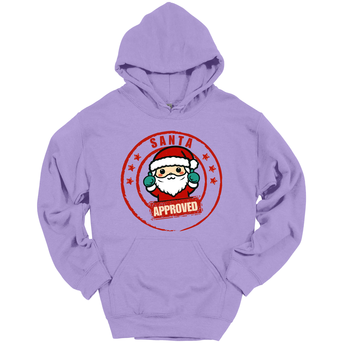 Purple Christmas hoodie with a Santa Claus graphic and 'Approved' text.