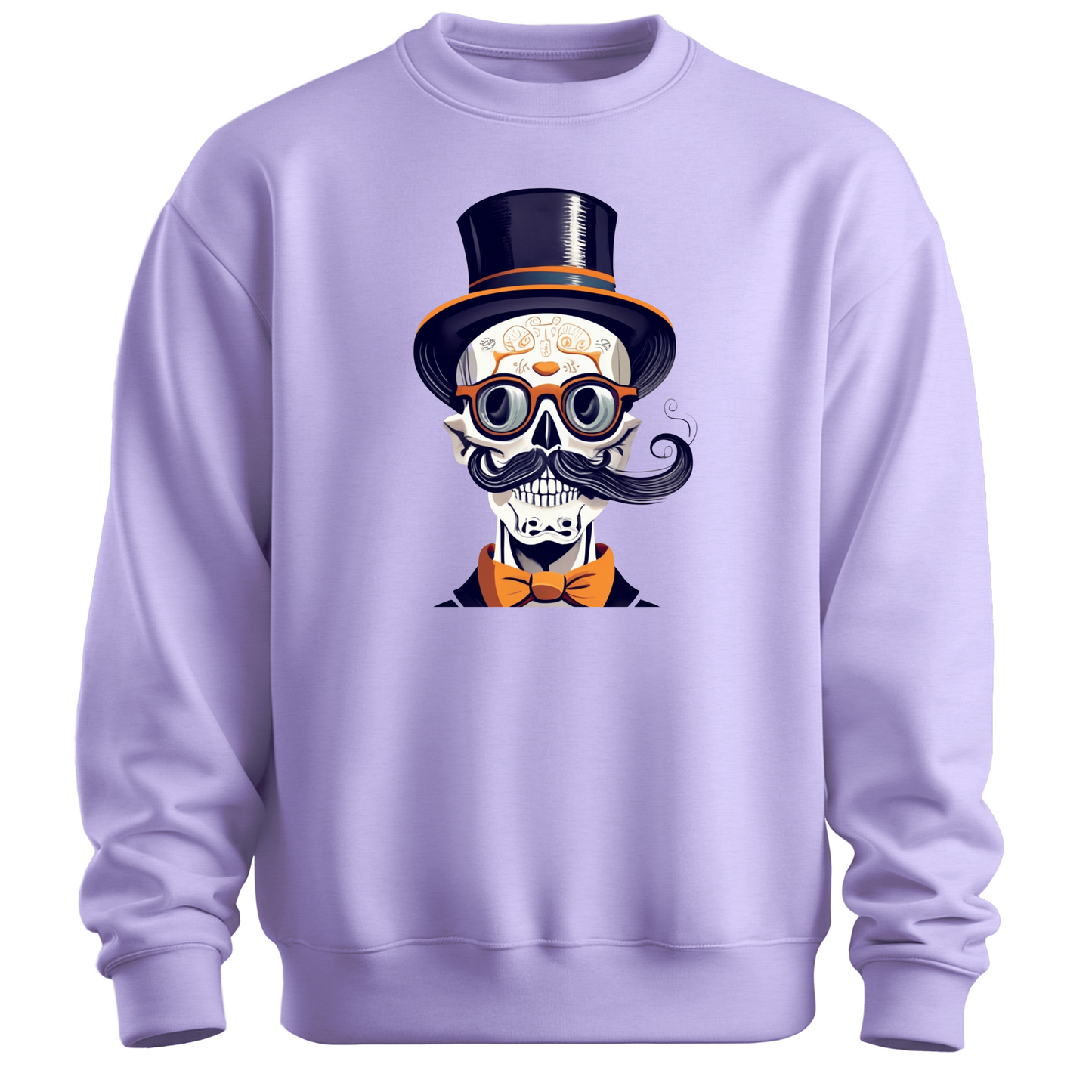 Purple halloween sweatshirt with a skull wearing a top hat, glasses and a bow tie.