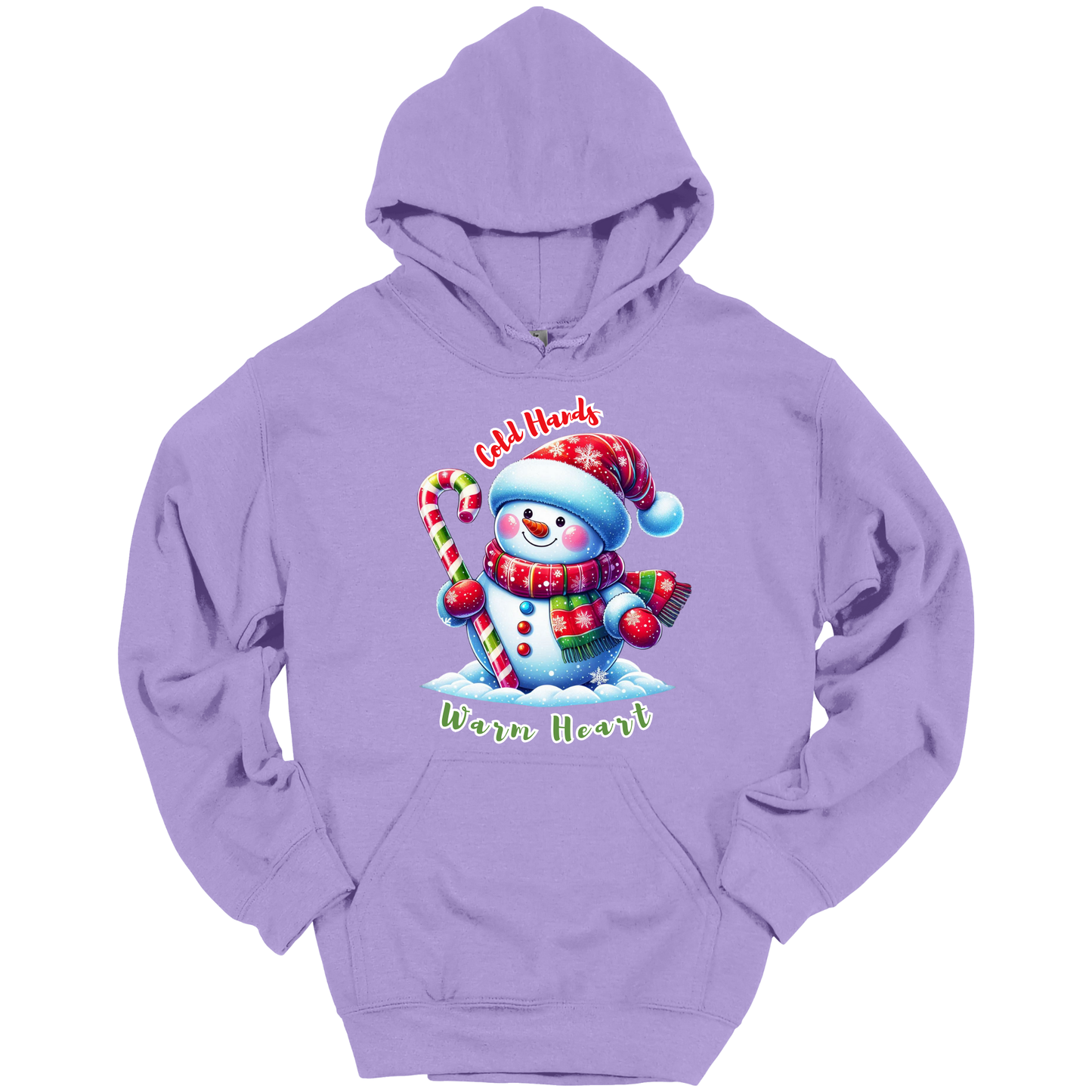 Purple Christmas hoodie with a snowman graphic with a text "Cold Hands Warm Hearts"