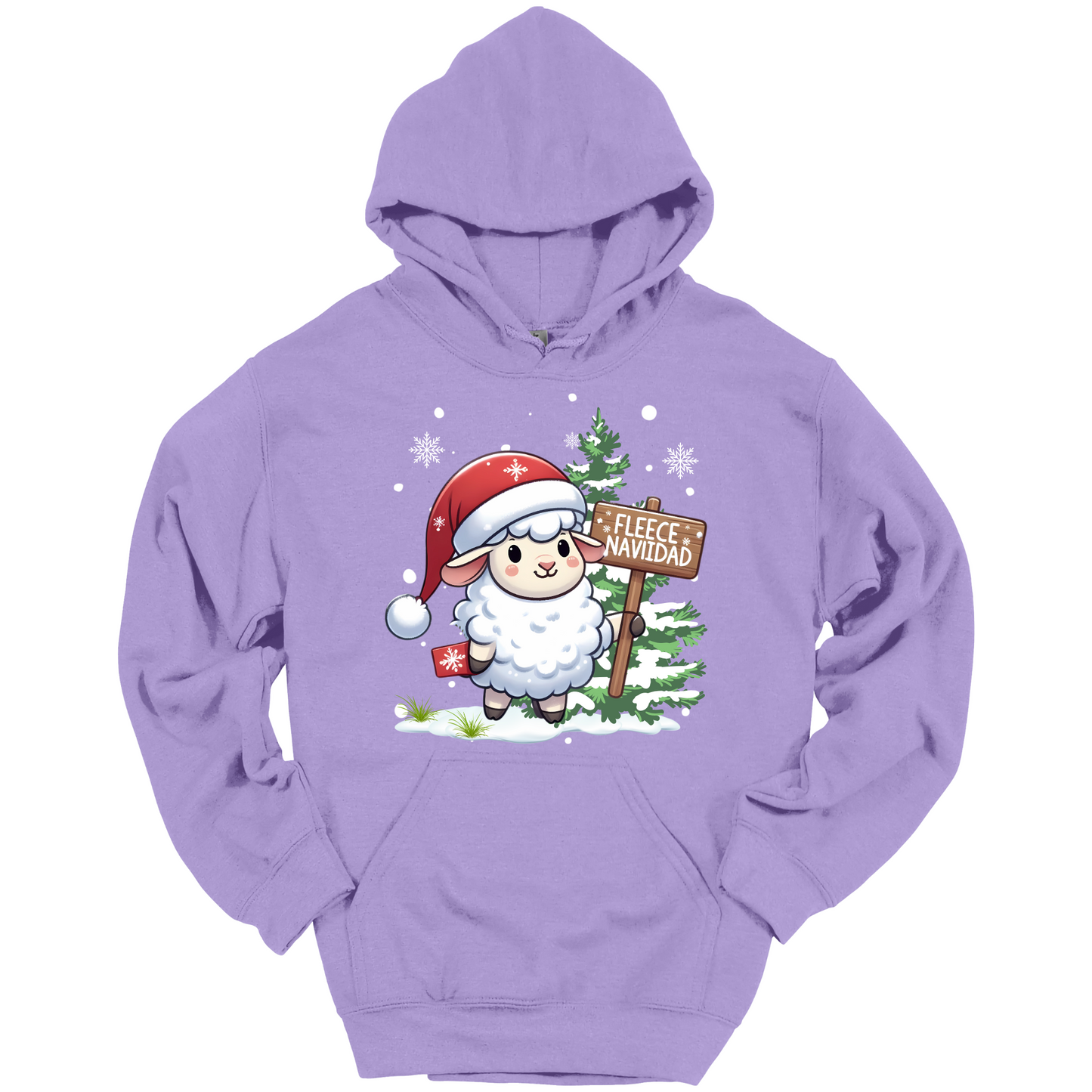 Purple Christmas hoodie with a Christmas-themed design featuring a sheep in a Santa hat and a sign.
