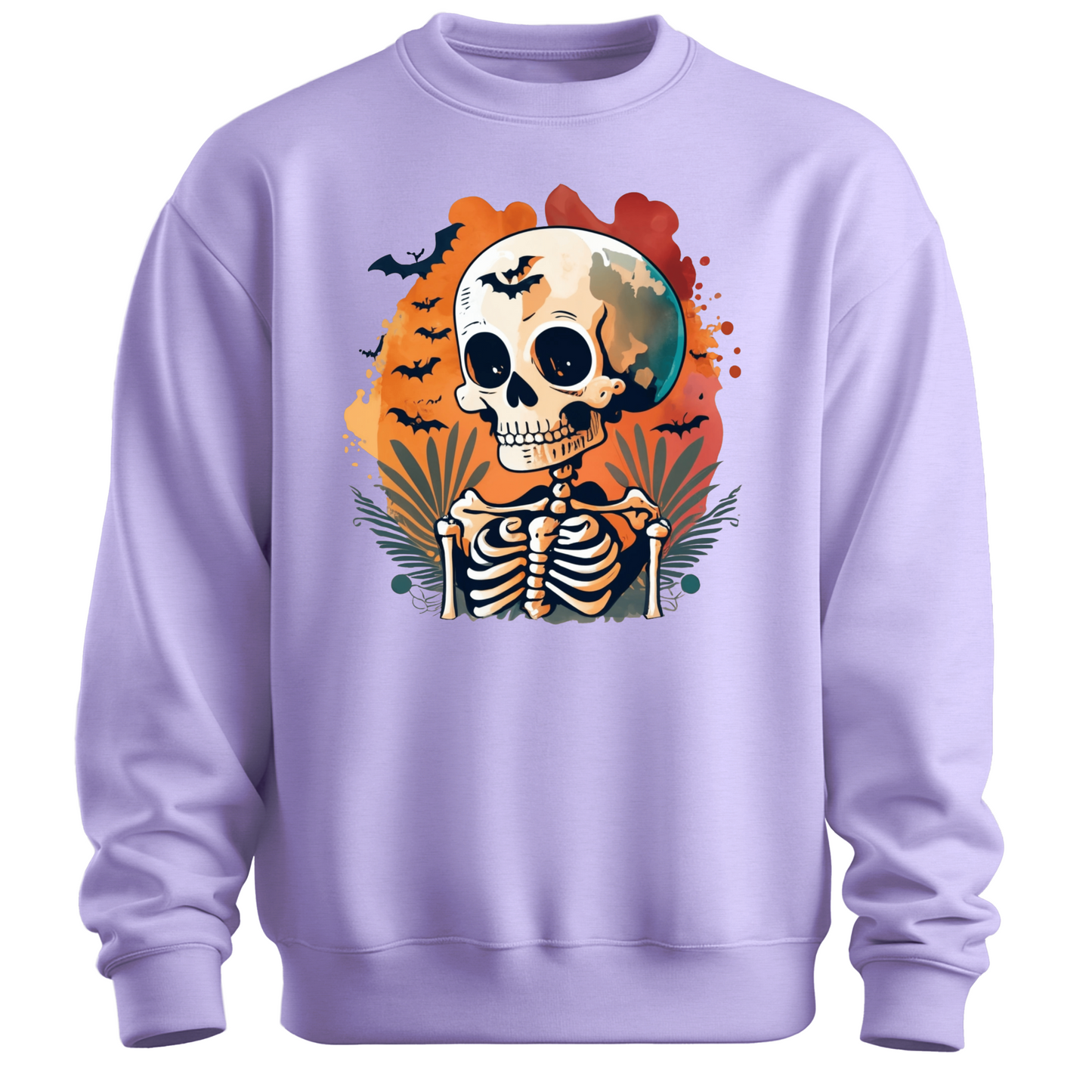 Purple sweatshirt with a Halloween-themed design featuring a skeleton and skull surrounded with bats.