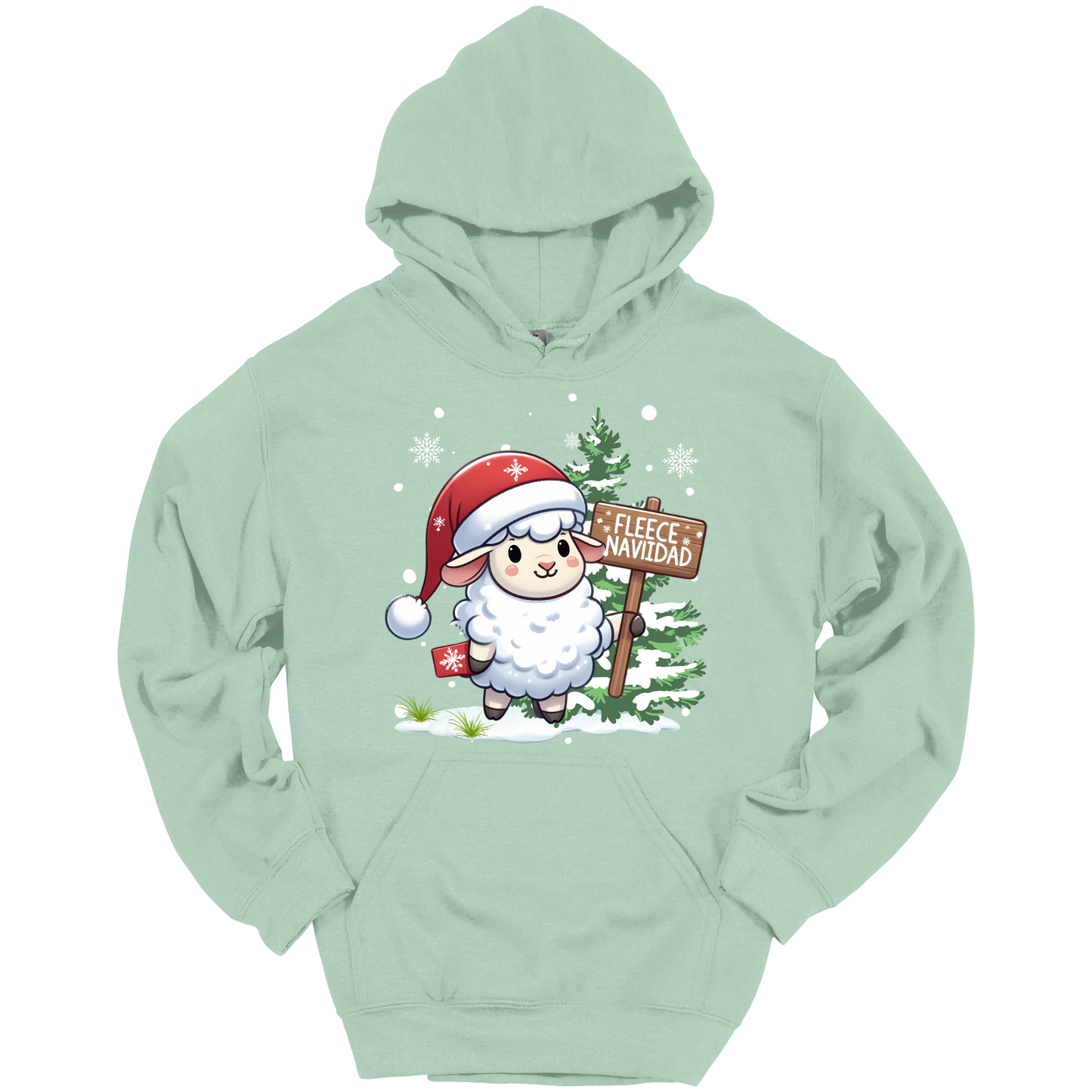 Mint green Christmas hoodie with a Christmas-themed design featuring a sheep in a Santa hat and a sign.