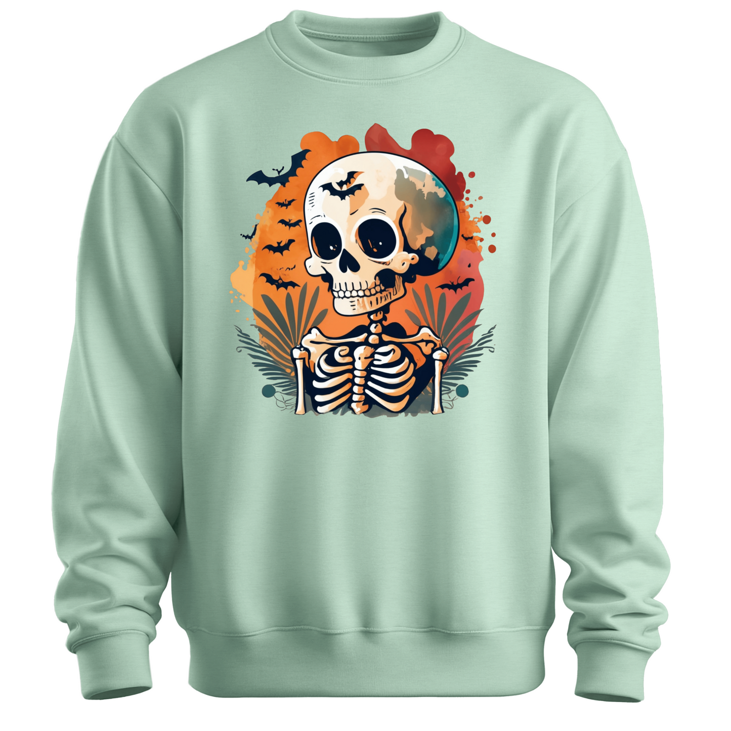 Light green sweatshirt with a Halloween-themed design featuring a skeleton and skull surrounded with bats.