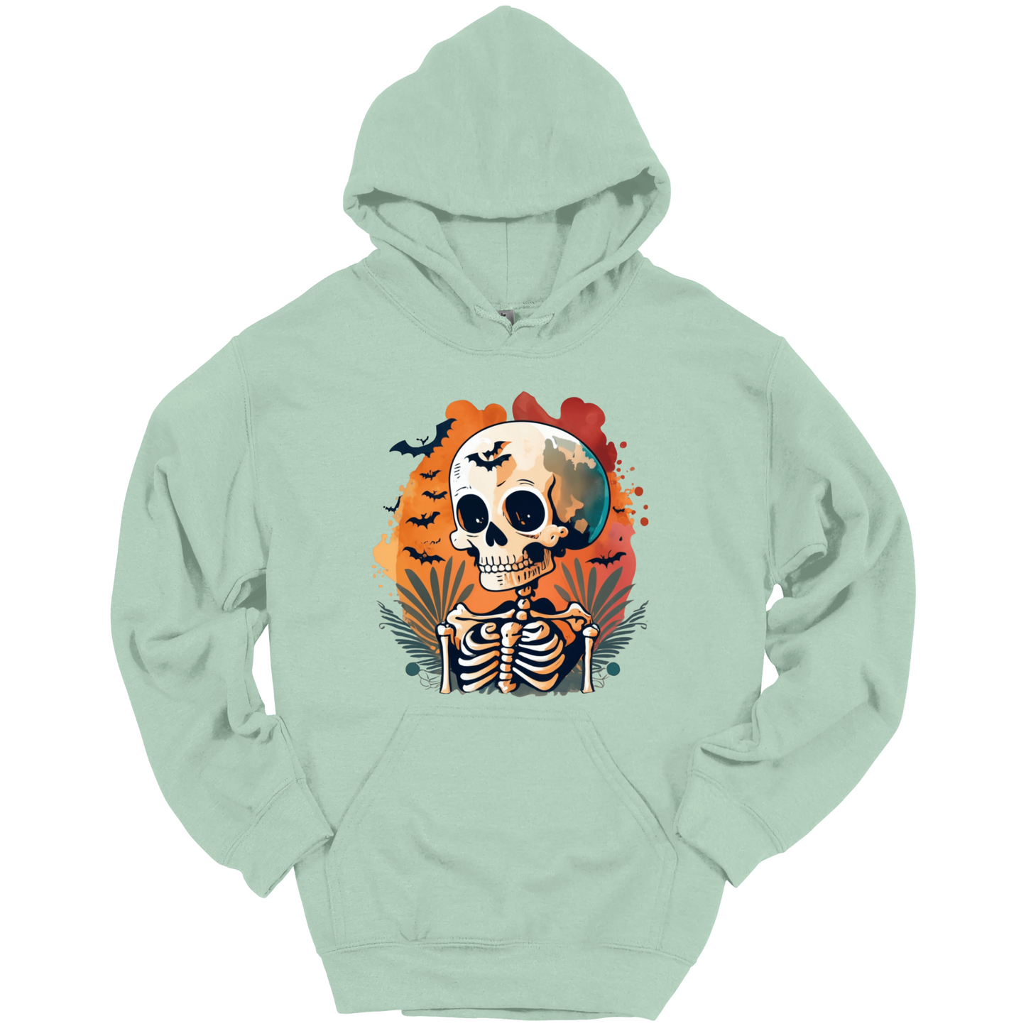 Light green hoodie with a Halloween-themed design featuring a skull and skeleton surrounded with bats.