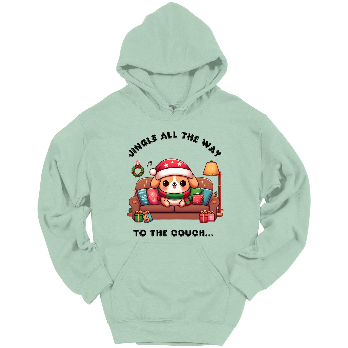 Mint green hoodie with Christmas-themed design of a dog on a couch and text 'Jingle all the way to the couch'.