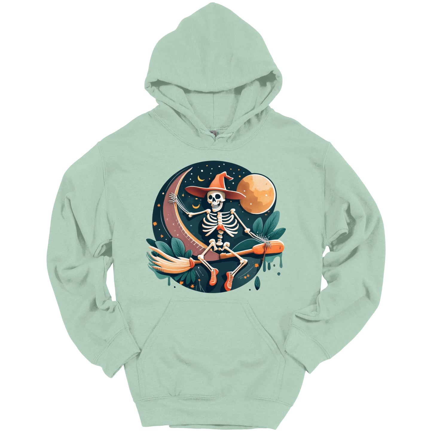 Mint green halloween hoodie with a skeleton on a broomstick wearing a witch hat in the night time.