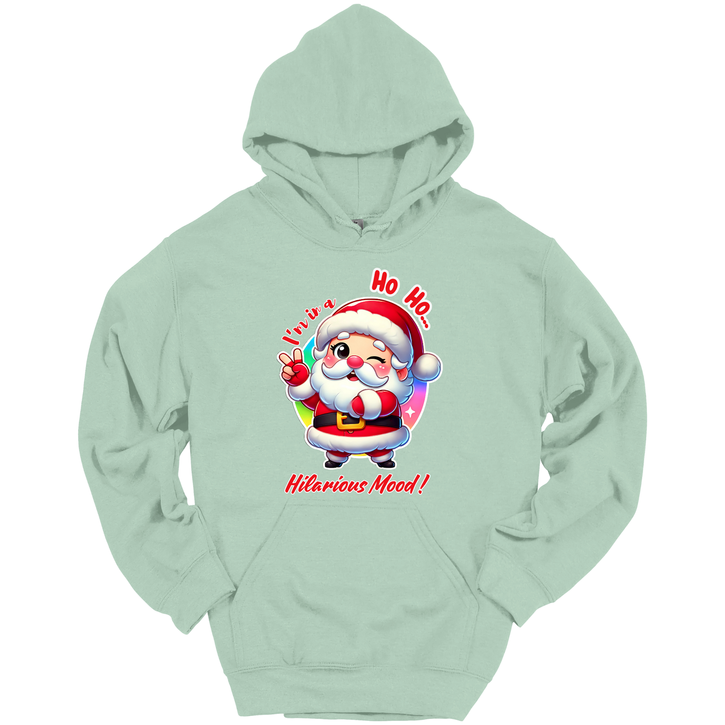 Light green Christmas hoodie with a cartoon Santa Claus design