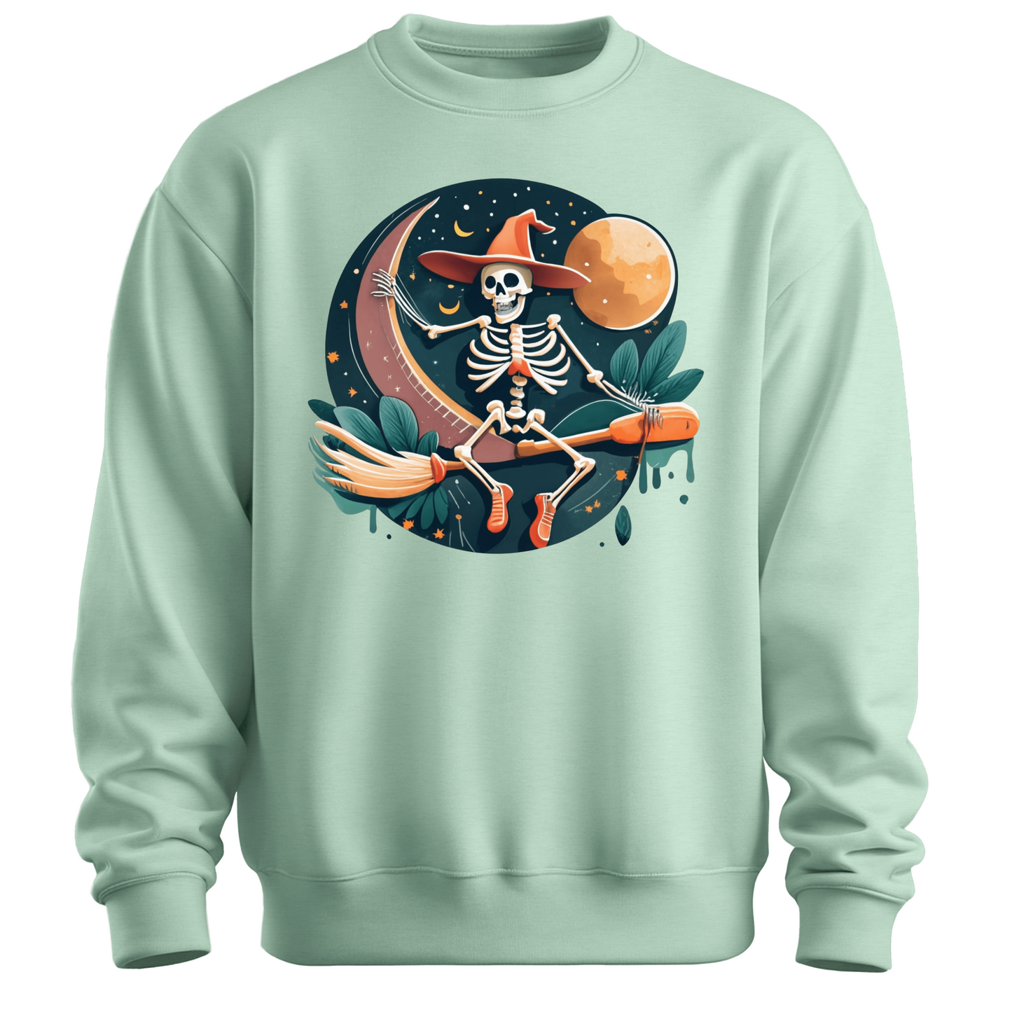 Light green halloween sweatswith a skeleton on a broomstick wearing a witch hat in the night time.