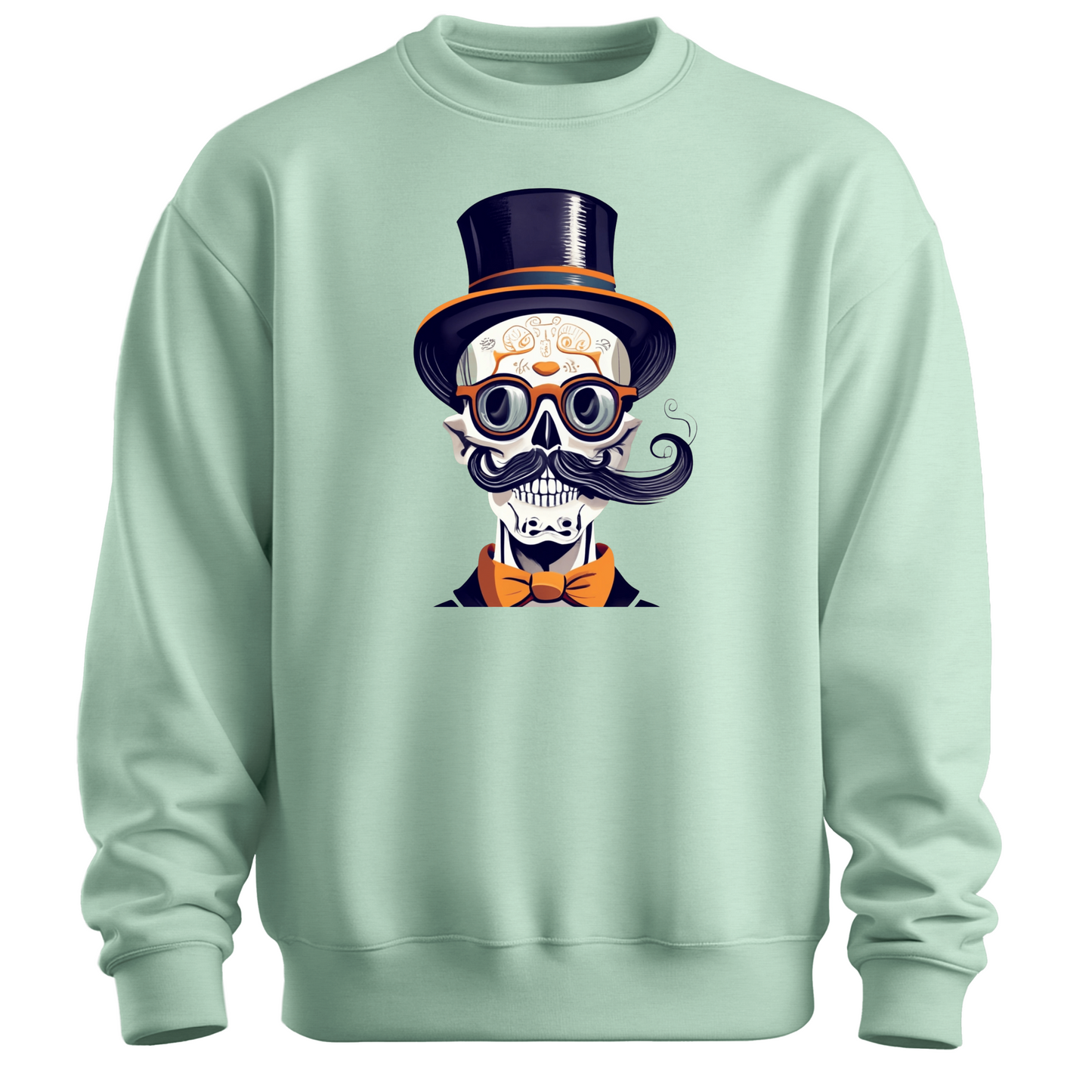 Light green halloween sweatshirt with a skull wearing a top hat, glasses and a bow tie.
