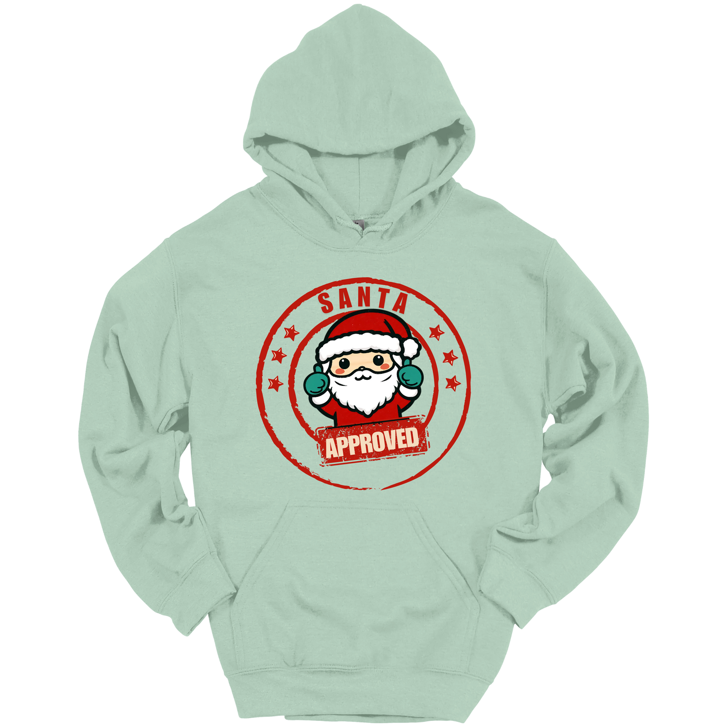Light Green Christmas hoodie with a Santa Claus graphic and 'Approved' text.