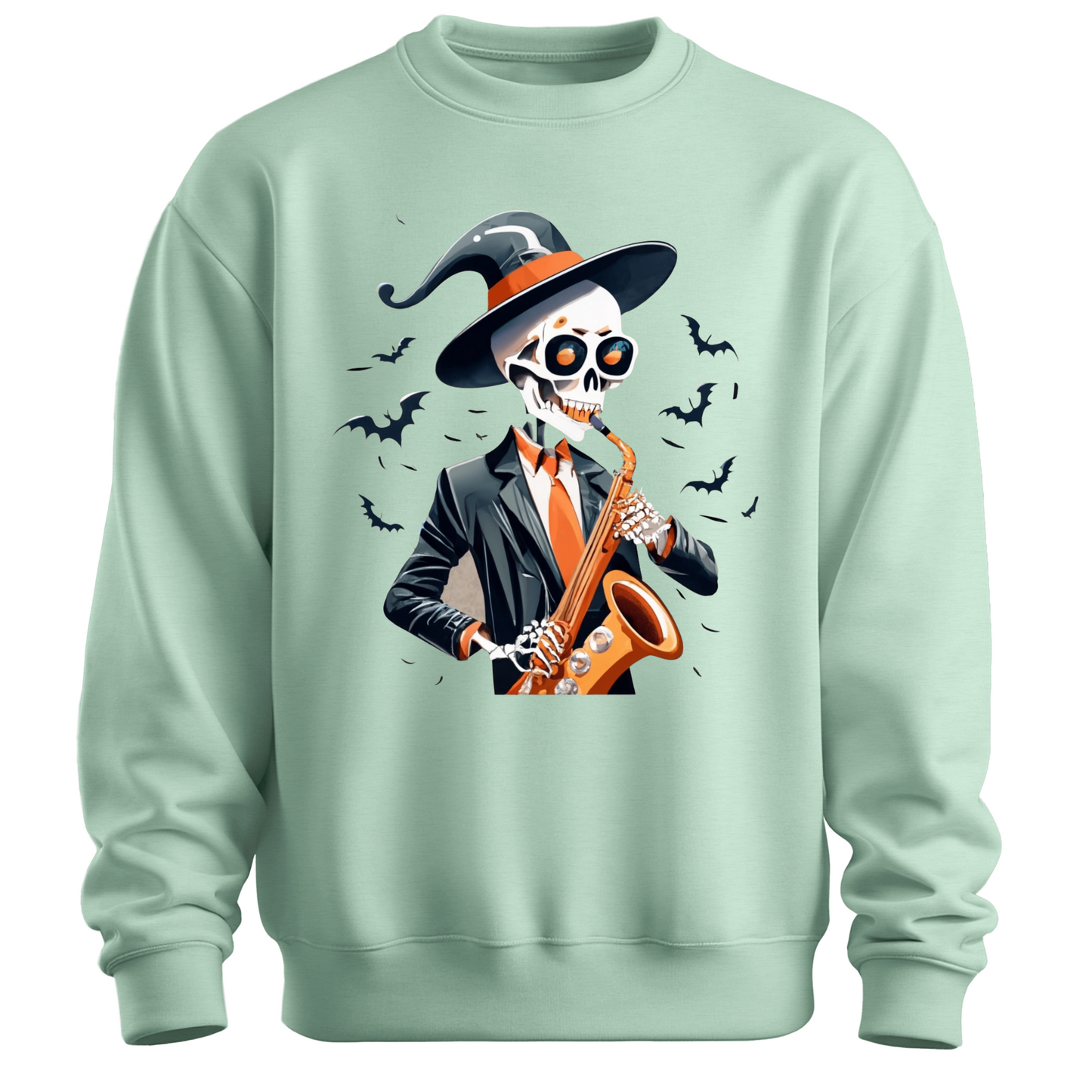 Light green halloween sweatshirt with a skeleton playing a saxophone and wearing a witch hat, surrounded by bats.