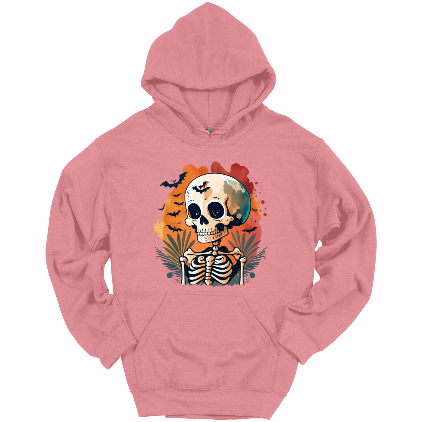 Pink hoodie with a Halloween-themed design featuring a skull and skeleton surrounded with bats.