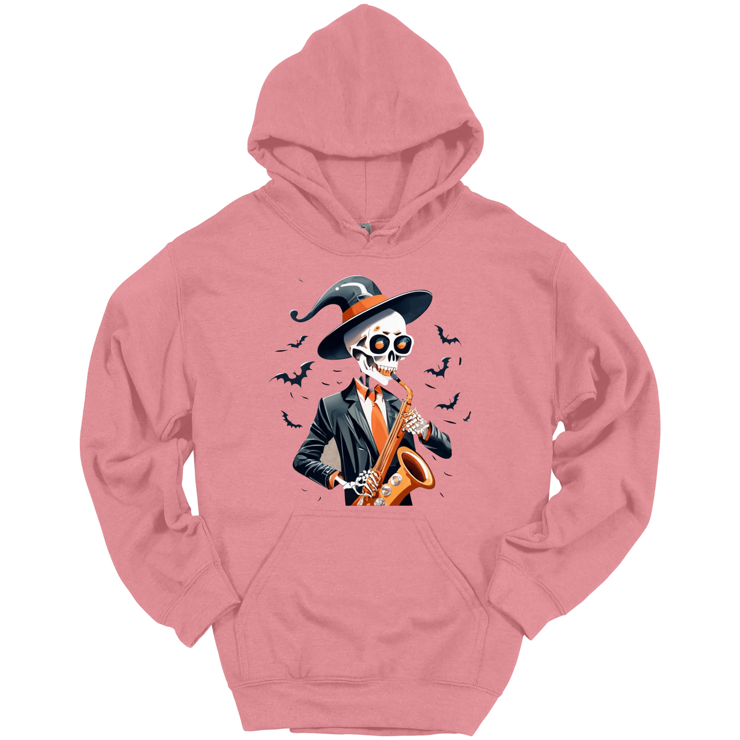 Pink halloween hoodie with a skeleton playing a saxophone and wearing a witch hat, surrounded by bats.
