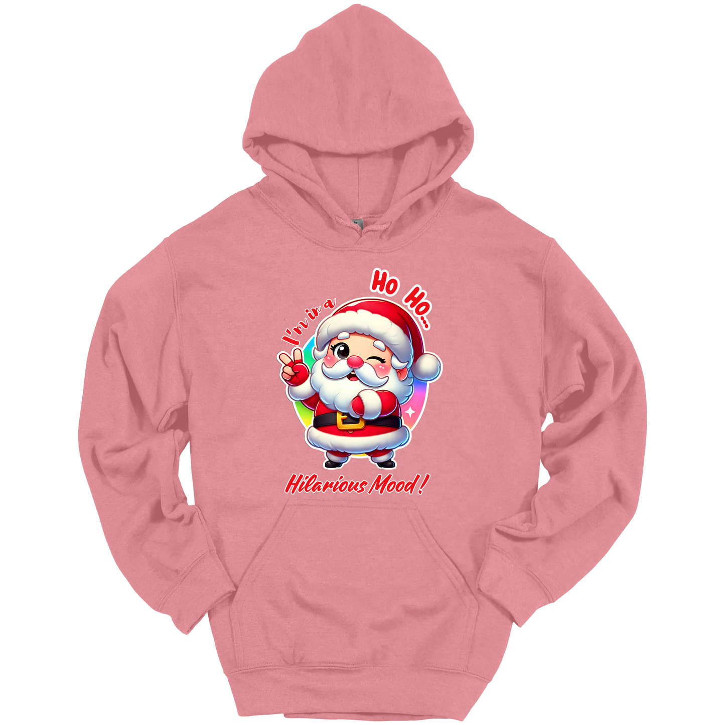 Pink Christmas hoodie with a cartoon Santa Claus design