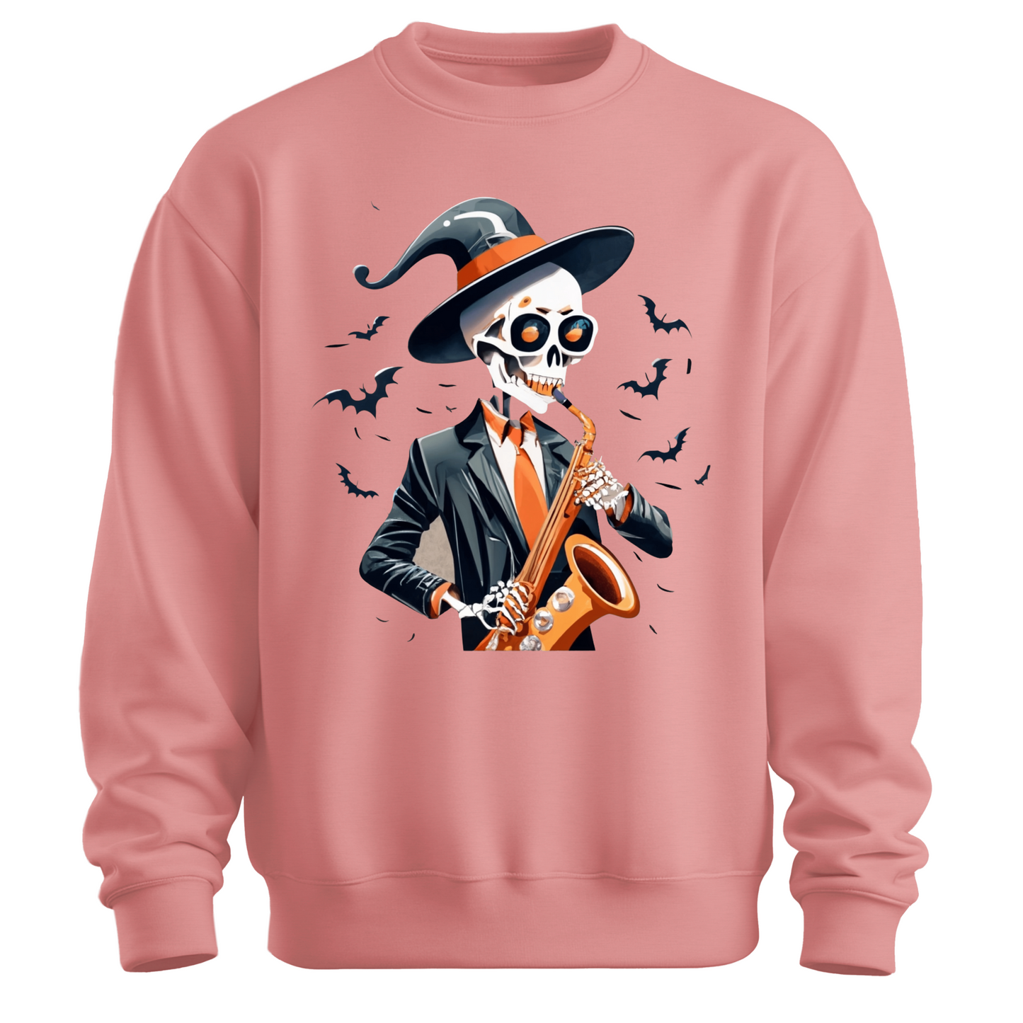 Pink halloween sweatshirt with a skeleton playing a saxophone and wearing a witch hat, surrounded by bats.
