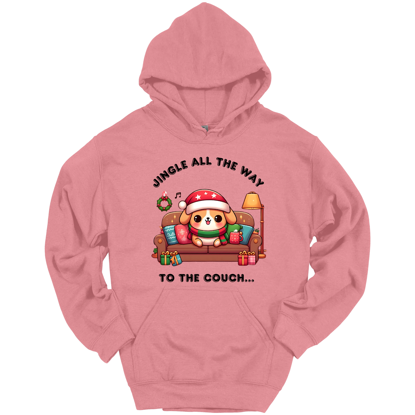 Pink hoodie with Christmas-themed design of a dog on a couch and text 'Jingle all the way to the couch'.
