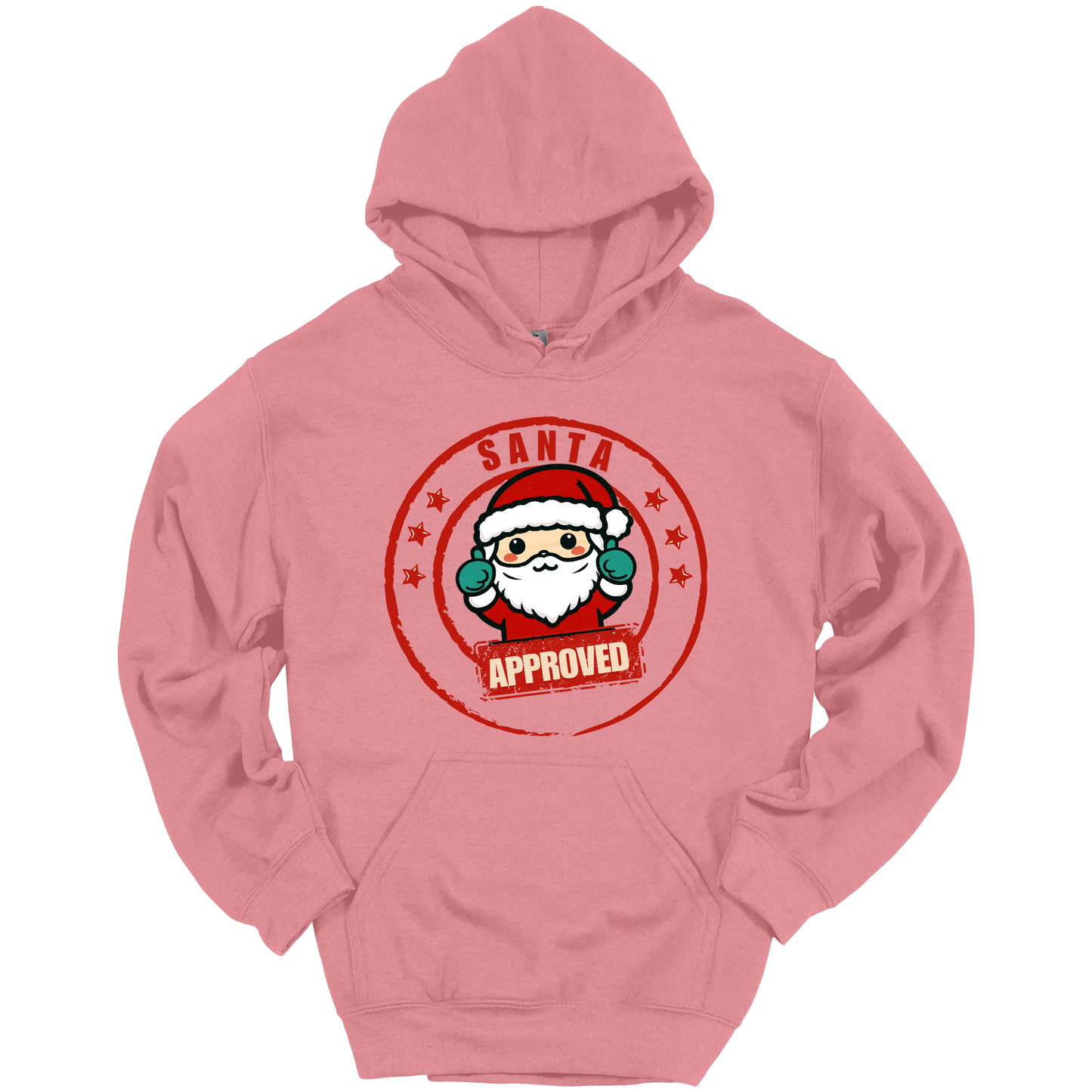 Pink Christmas hoodie with a Santa Claus graphic and 'Approved' text.