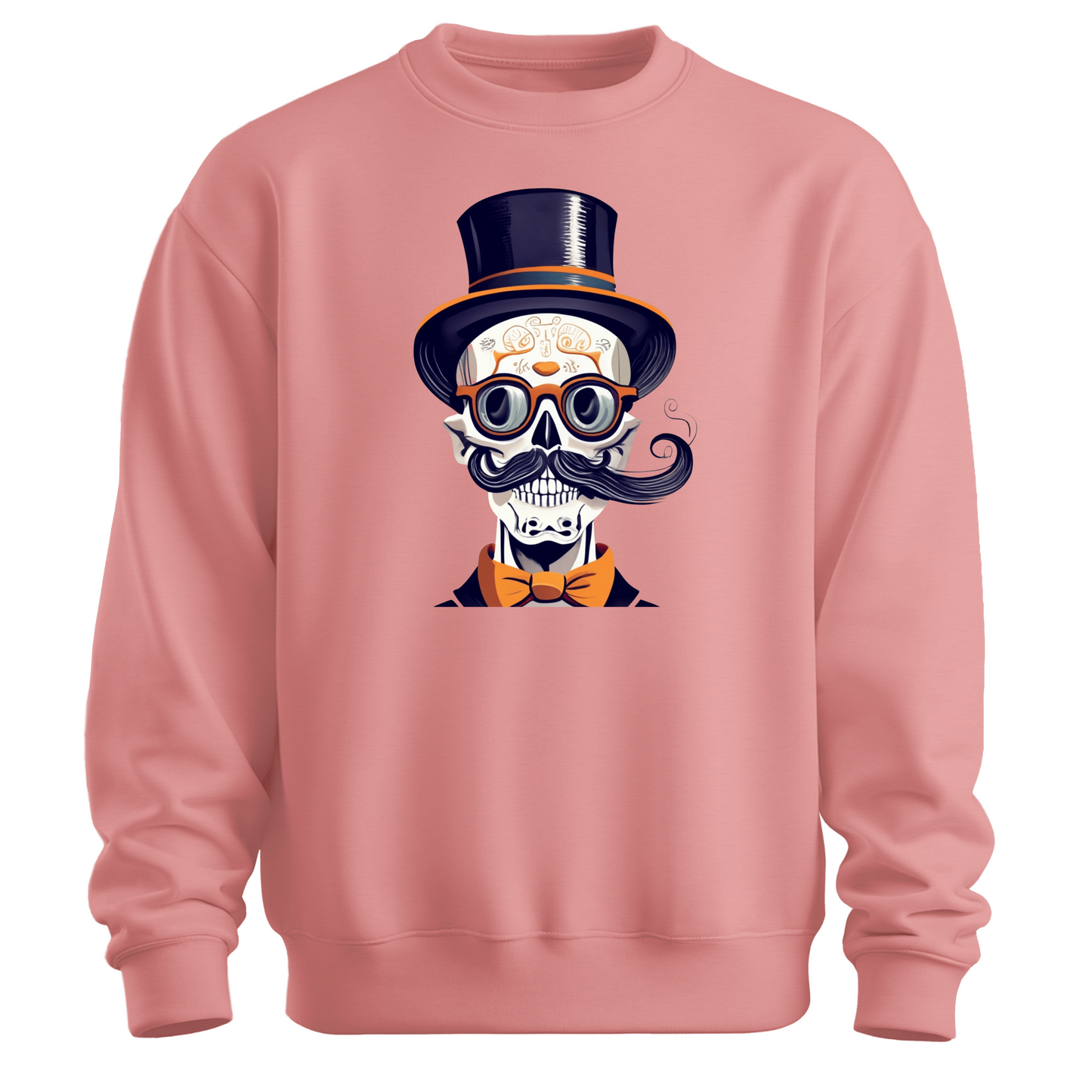 Pink halloween sweatshirt with a skull wearing a top hat, glasses and a bow tie.