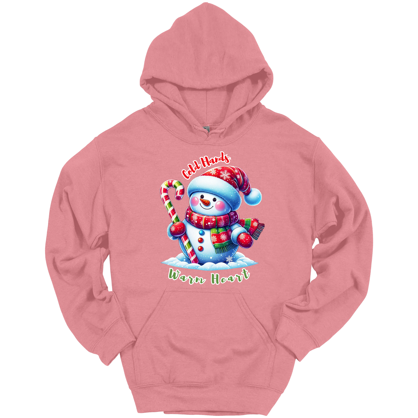 Pink Christmas hoodie with a snowman graphic with a text "Cold Hands Warm Hearts"
