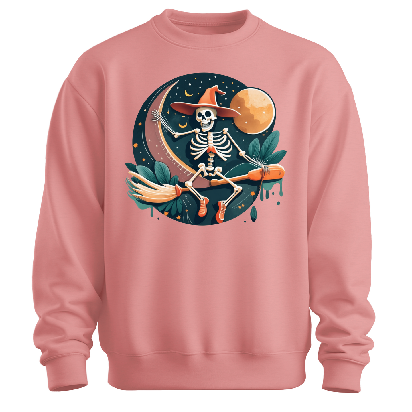 Pink halloween sweatshirt with a skeleton on a broomstick wearing a witch hat in the night time.
