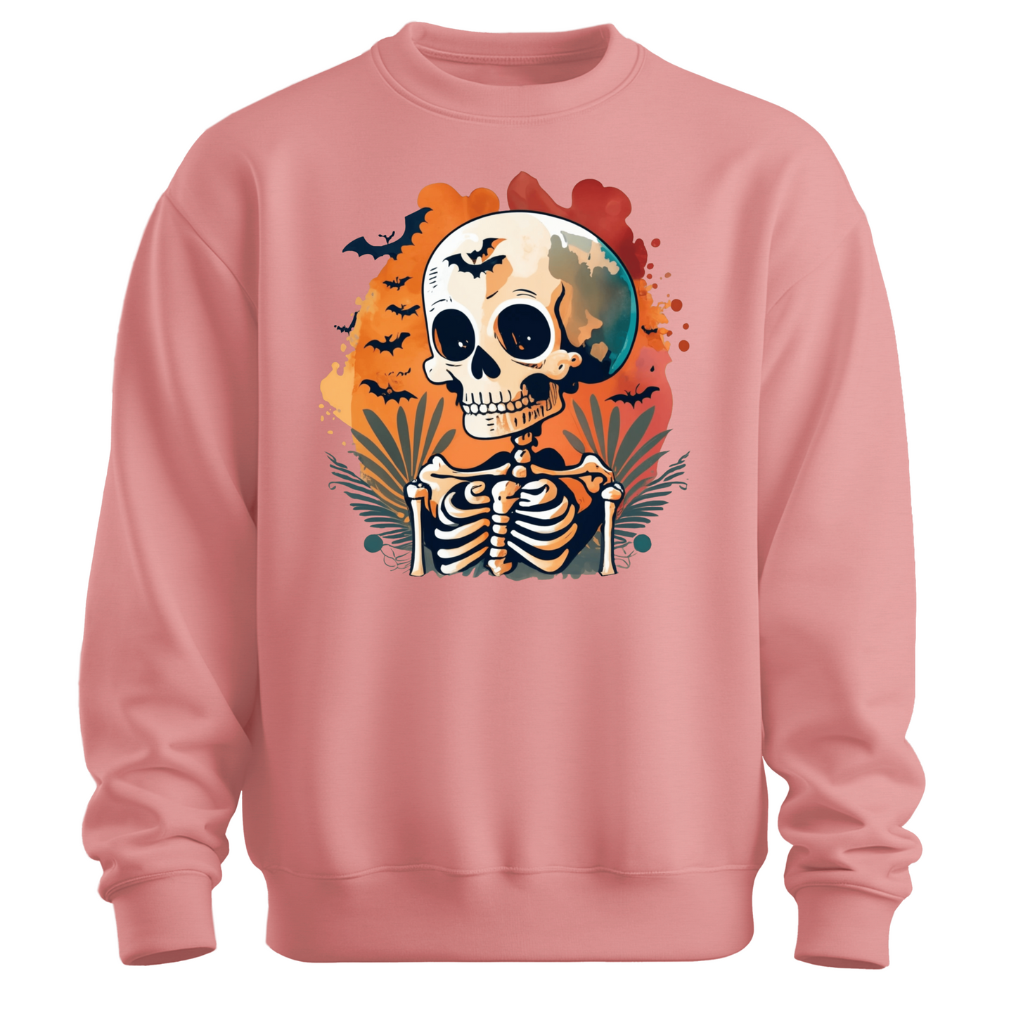 Pink sweatshirt with a Halloween-themed design featuring a skeleton and skull surrounded with bats.