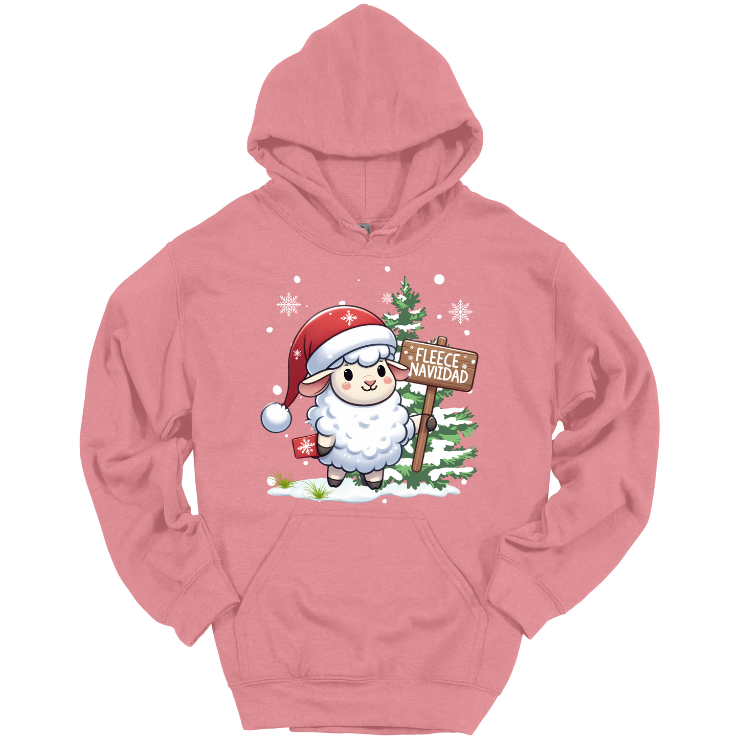 Pink Christmas hoodie with a Christmas-themed design featuring a sheep in a Santa hat and a sign.