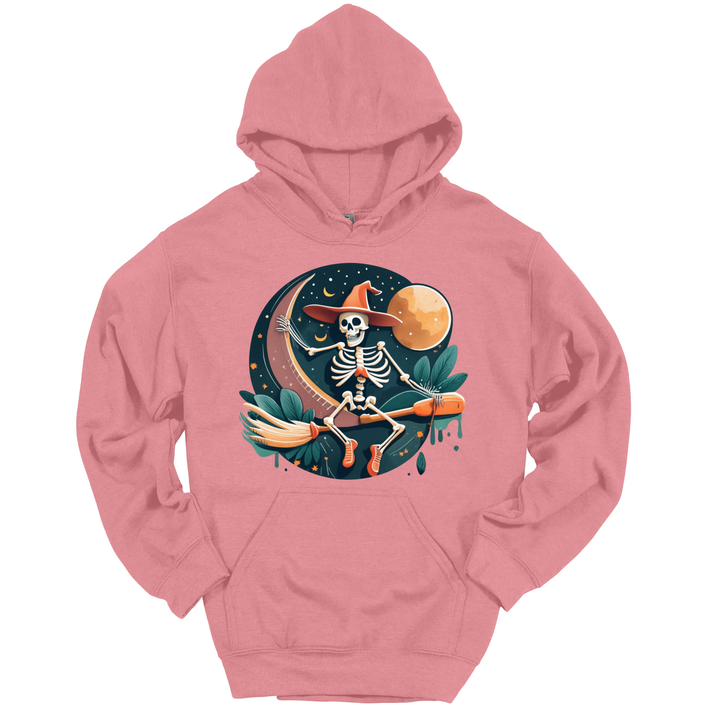 Pink halloween hoodie with a skeleton on a broomstick wearing a witch hat in the night time.