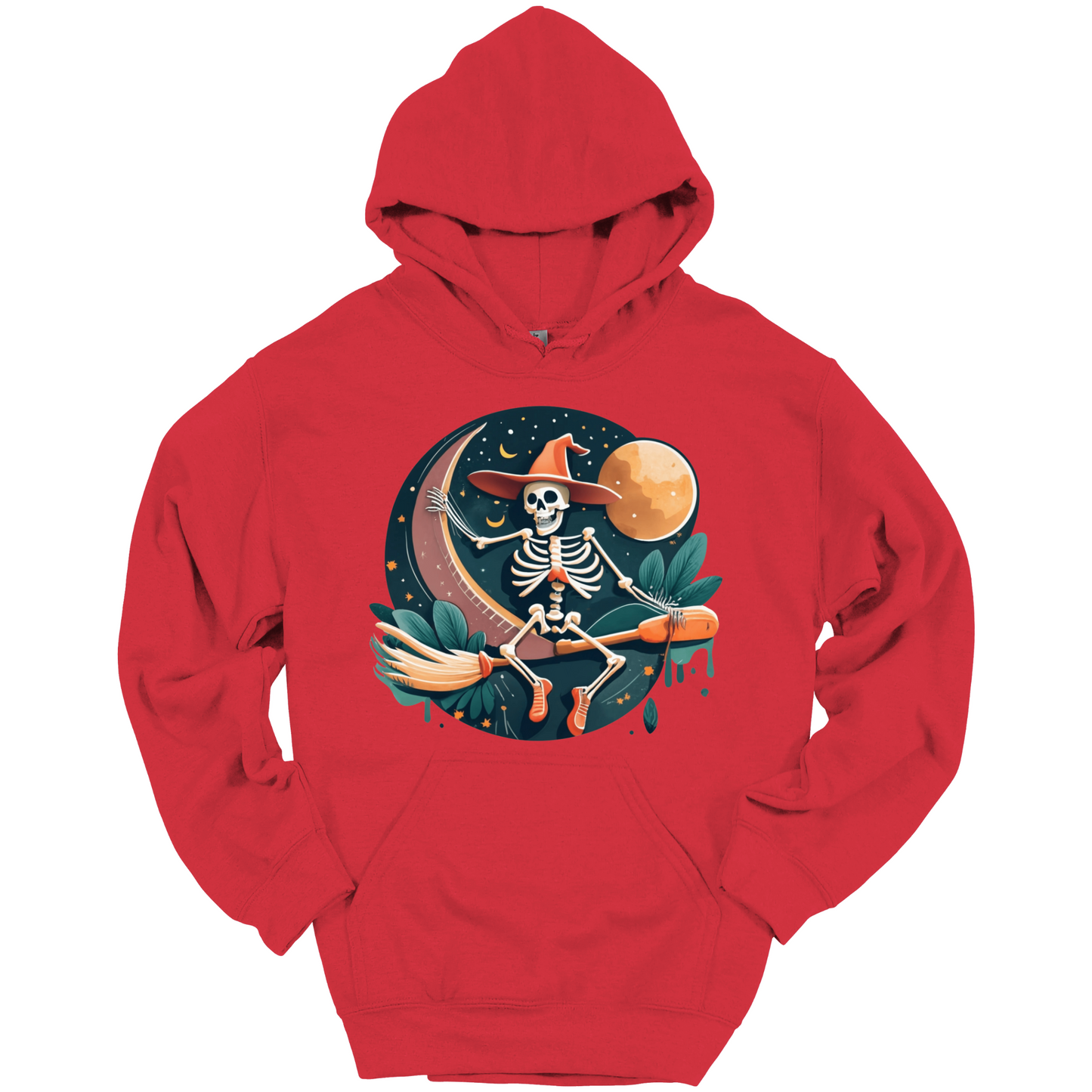 Red halloween hoodie with a skeleton on a broomstick wearing a witch hat in the night time.