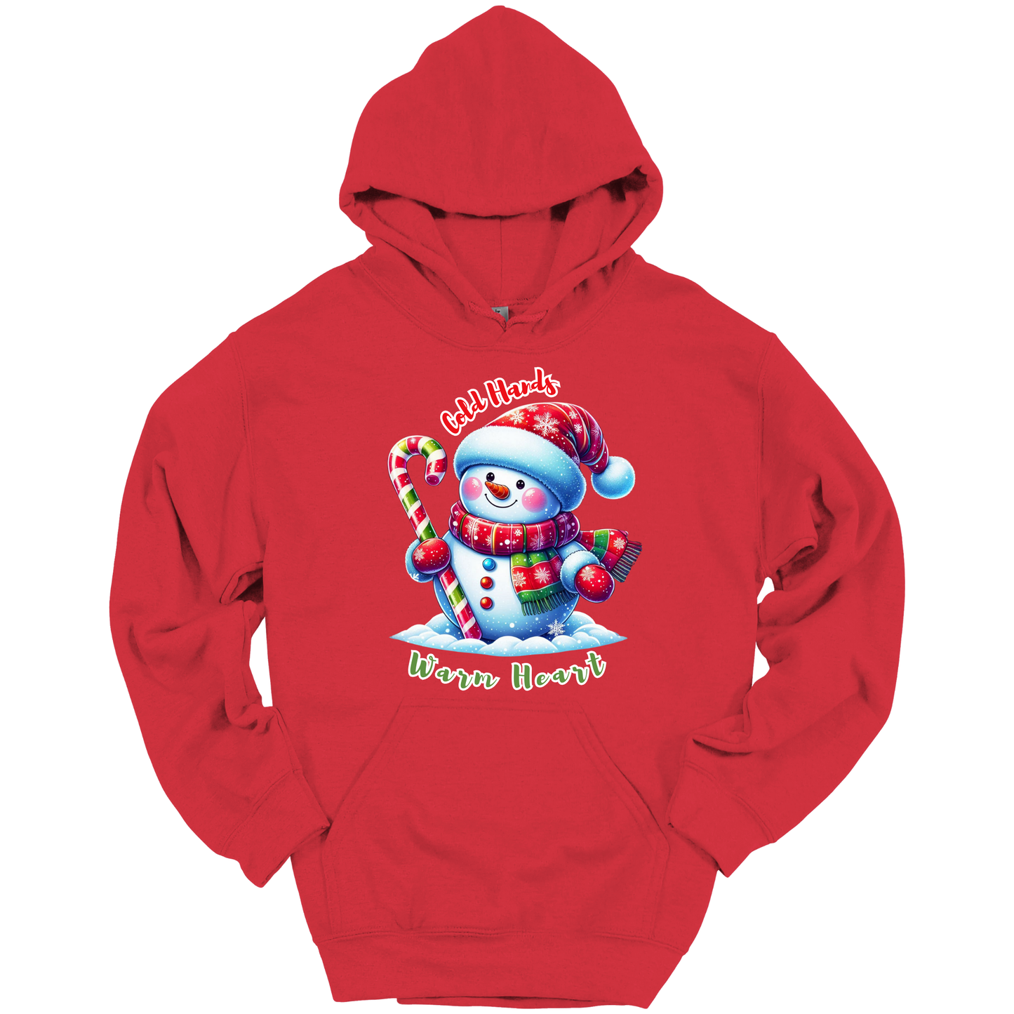 Red Christmas hoodie with a snowman graphic with a text "Cold Hands Warm Hearts"